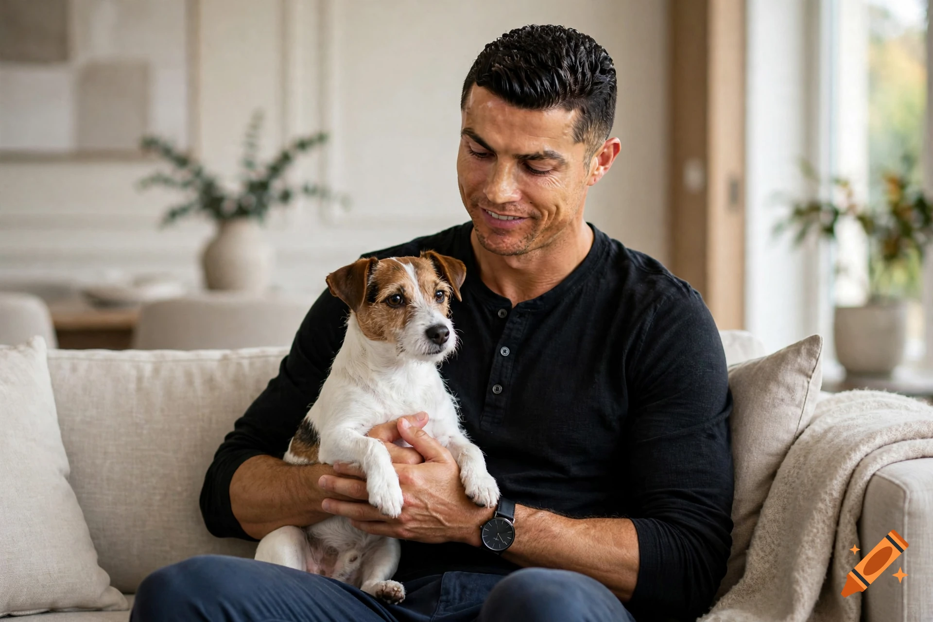 Photorealistic image of Cristiano Ronaldo sitting on a sofa and holding a small Jack Russell terrier on his lap.