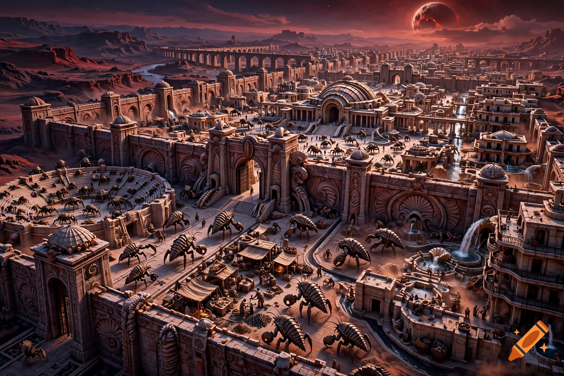 Aerial view of an ancient alien city inhabited by crab-like creatures, under a red sky with a planet.