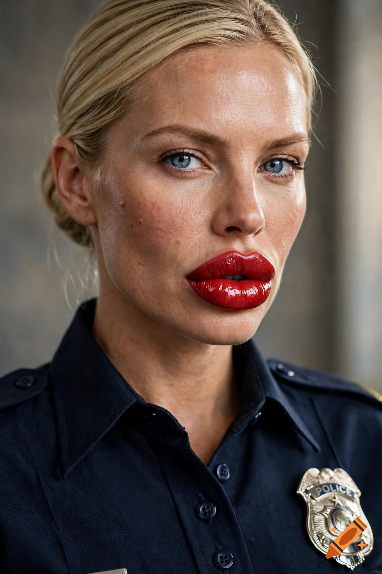 Photorealistic close-up portrait of a blonde policewoman with exaggerated large glossy red lips.