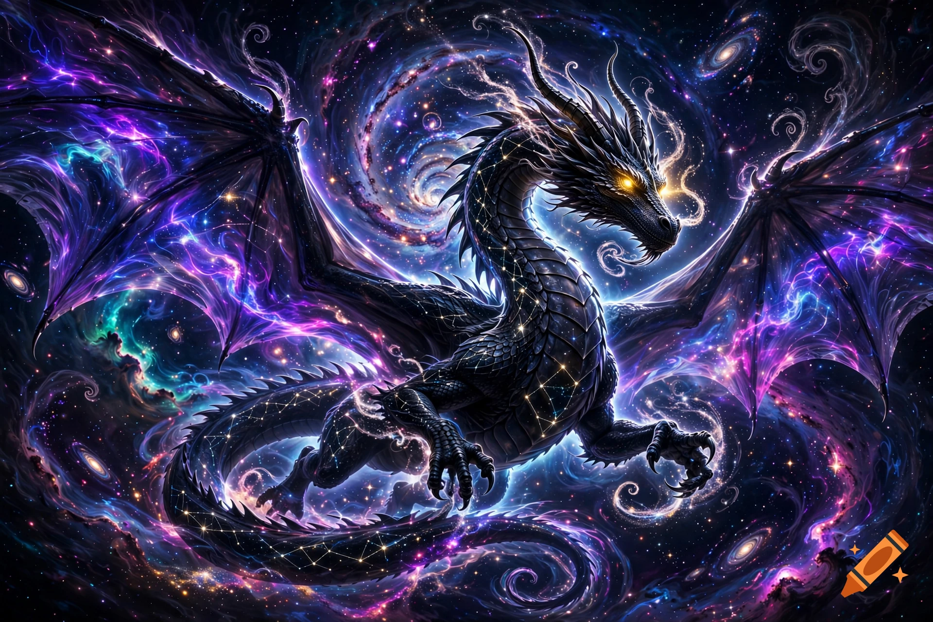 A majestic black dragon with glowing yellow eyes and constellation patterns flying through a vibrant nebula filled with galaxies and stars.