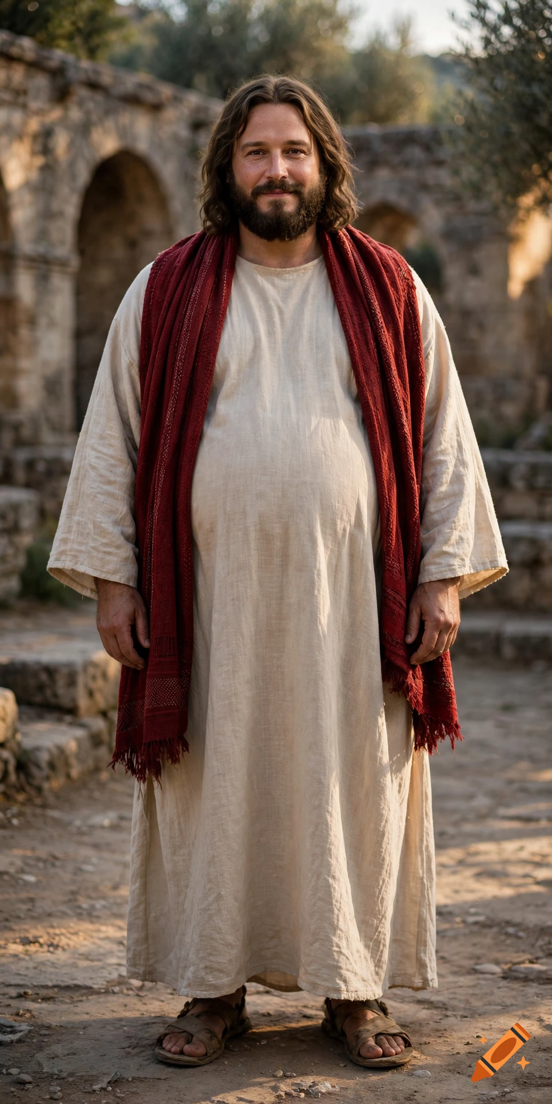 Photorealistic full-body portrait of a man resembling traditional depictions of Jesus with long brown hair and beard, wearing a beige robe and red shawl.