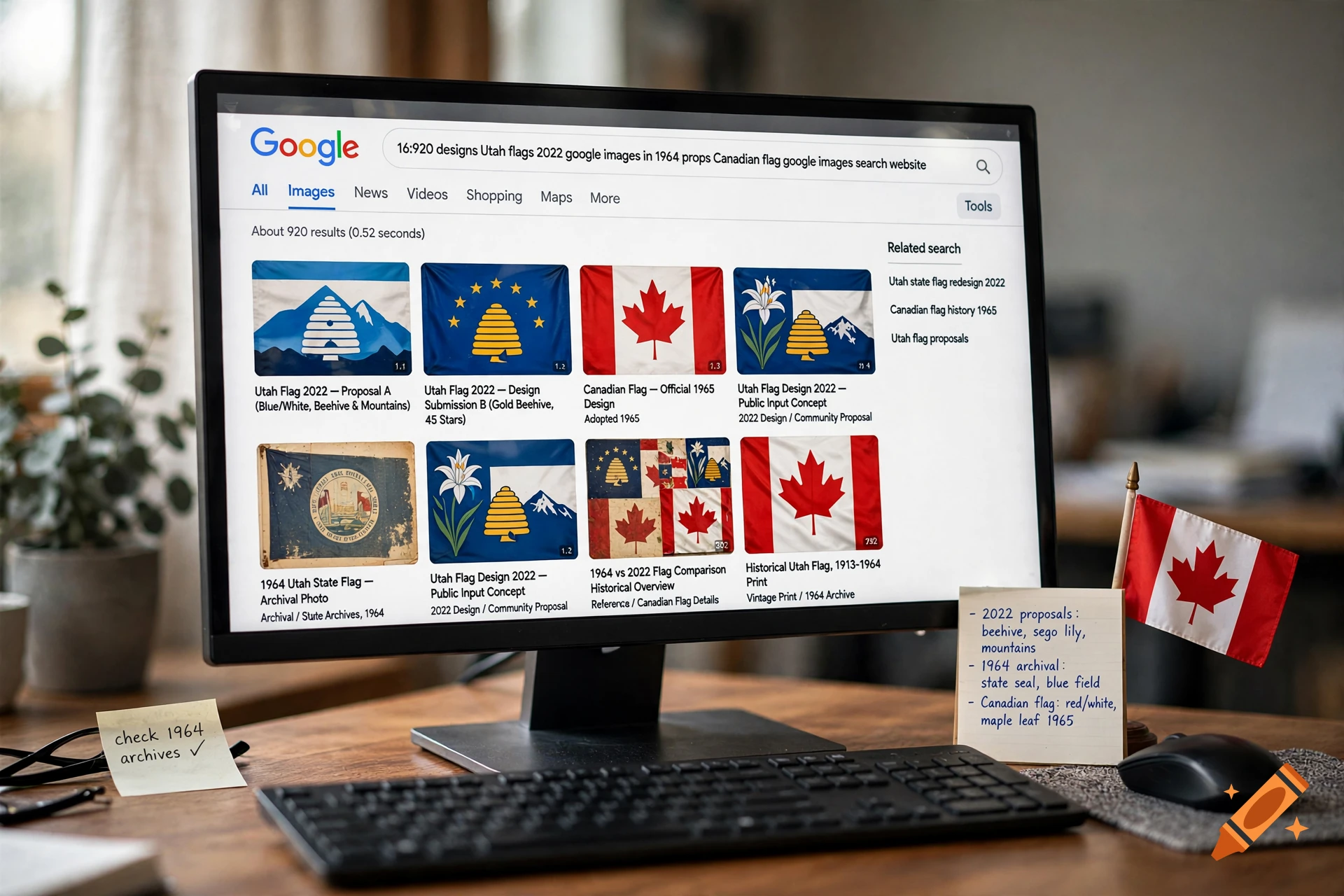 A computer monitor displaying a Google image search results page for Utah flag designs with Canadian flag props on the desk.