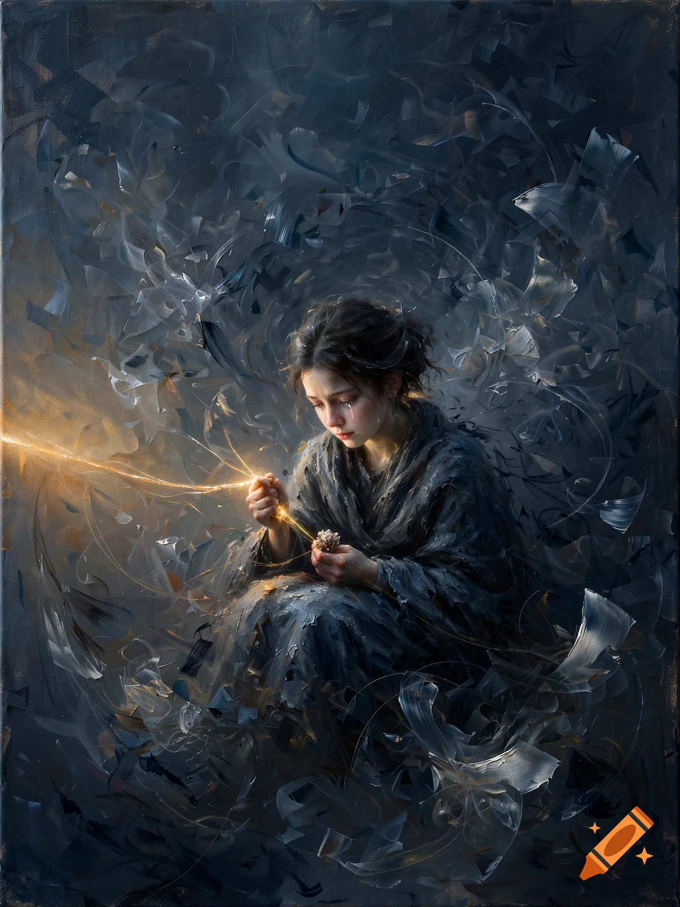 Oil painting of a sad young woman sitting amidst swirling abstract brushstrokes, holding a glowing warm thread of light.