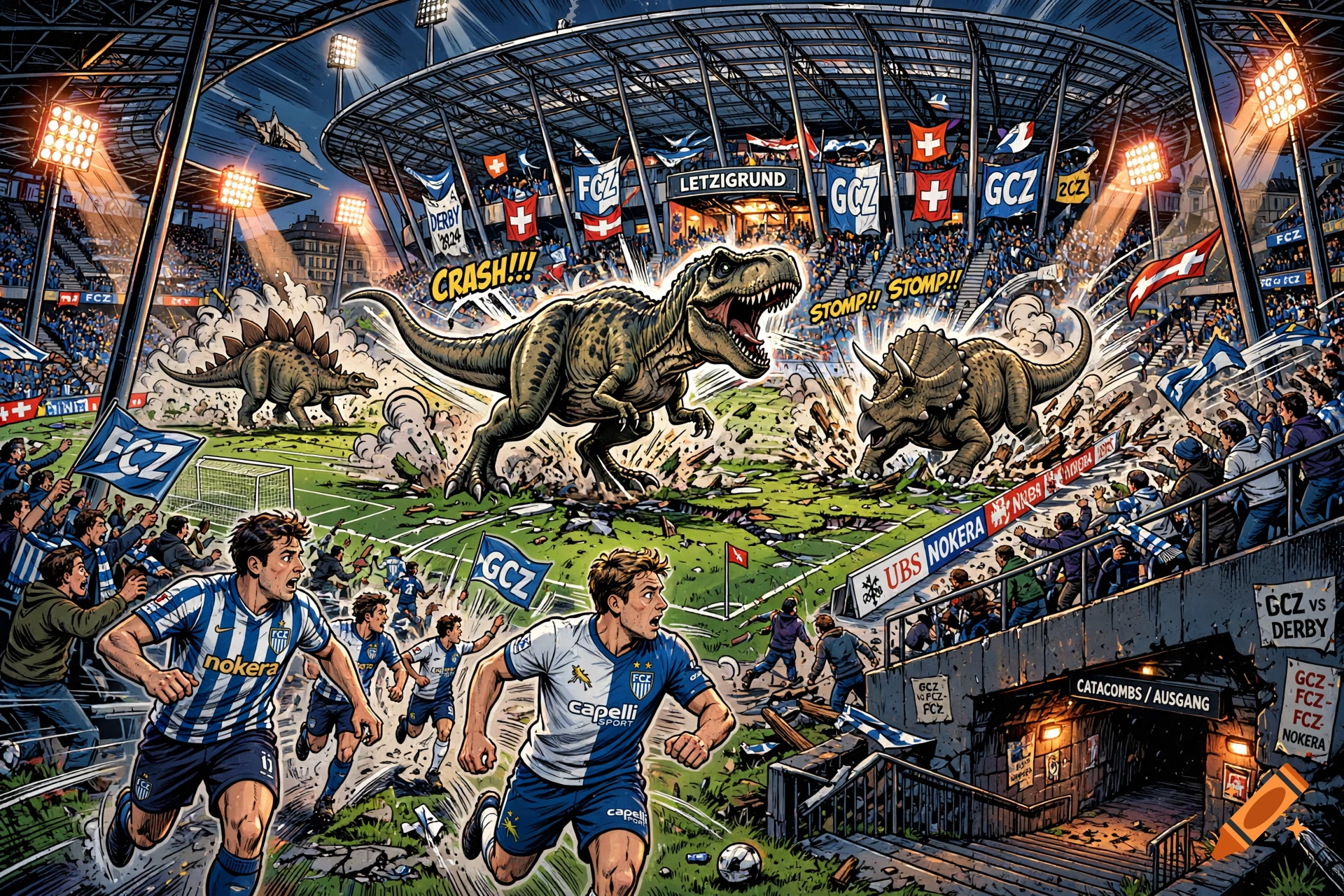 Comic style illustration of dinosaurs invading a football stadium during a match, with players and fans fleeing.