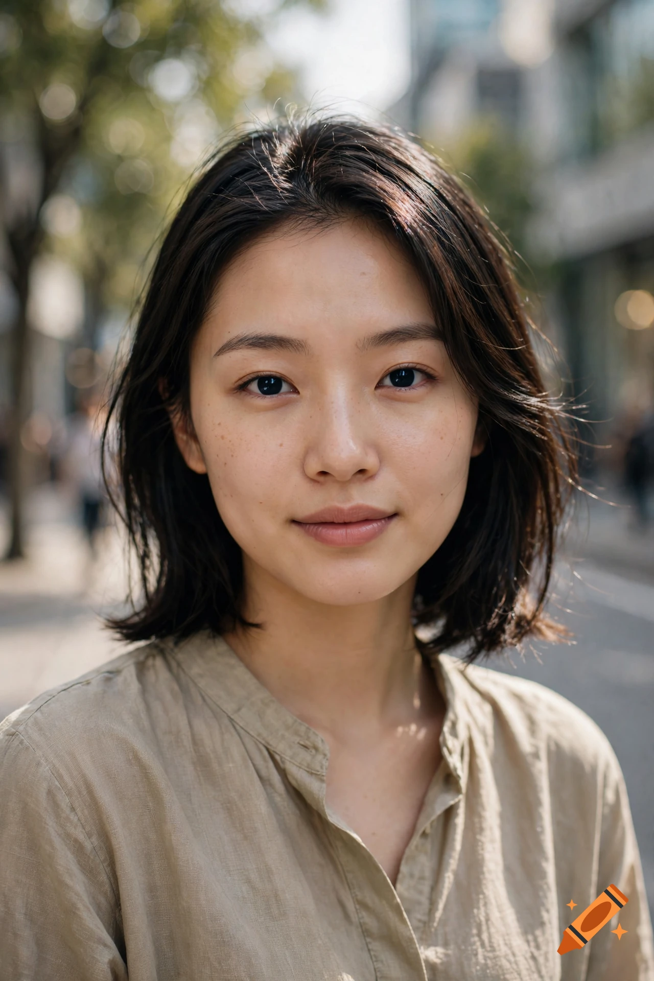 Close-up photorealistic portrait of a young Asian woman with short dark hair standing on a city street.