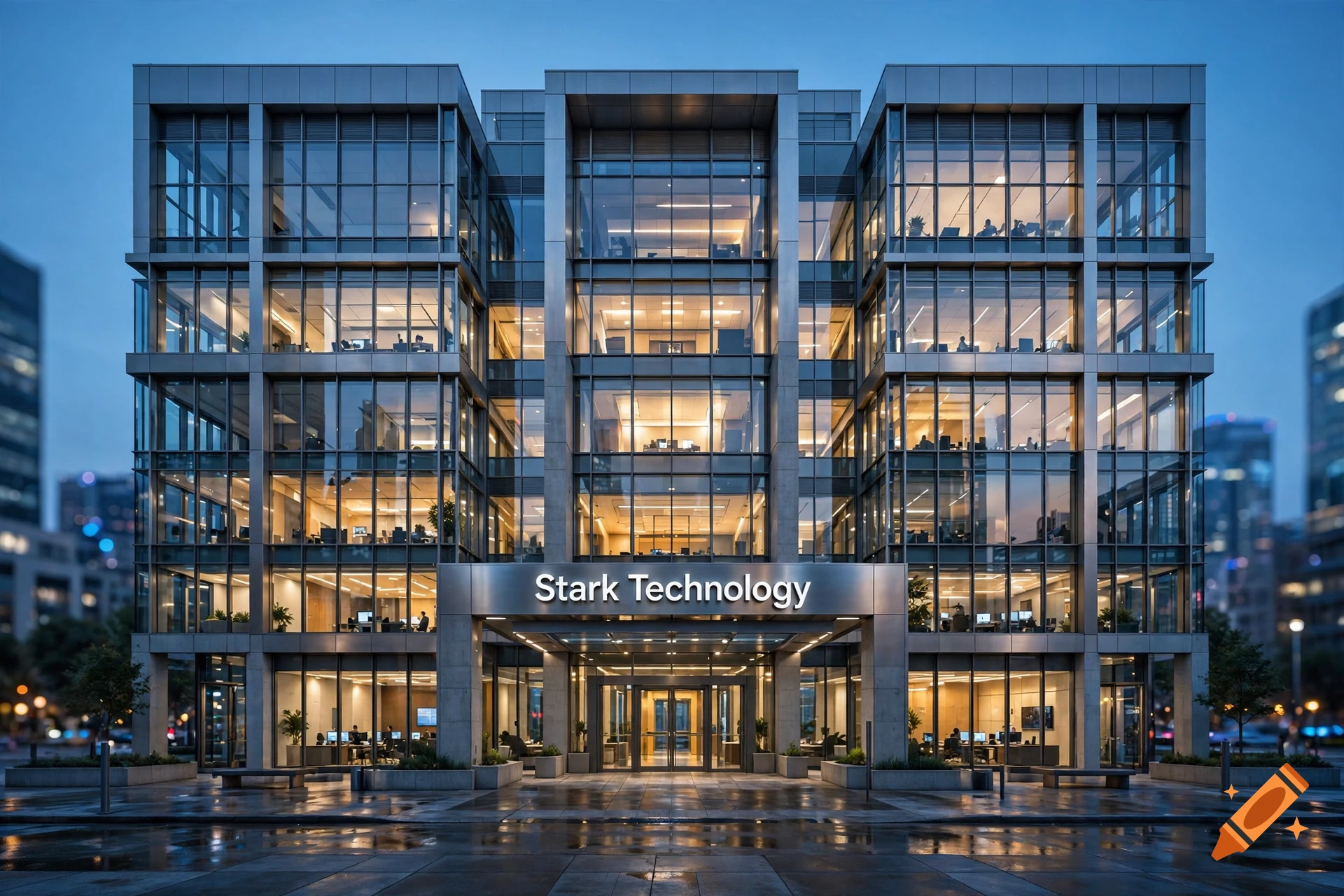 Photorealistic modern corporate building at dusk with illuminated glass windows and the sign Stark Technology above the entrance.