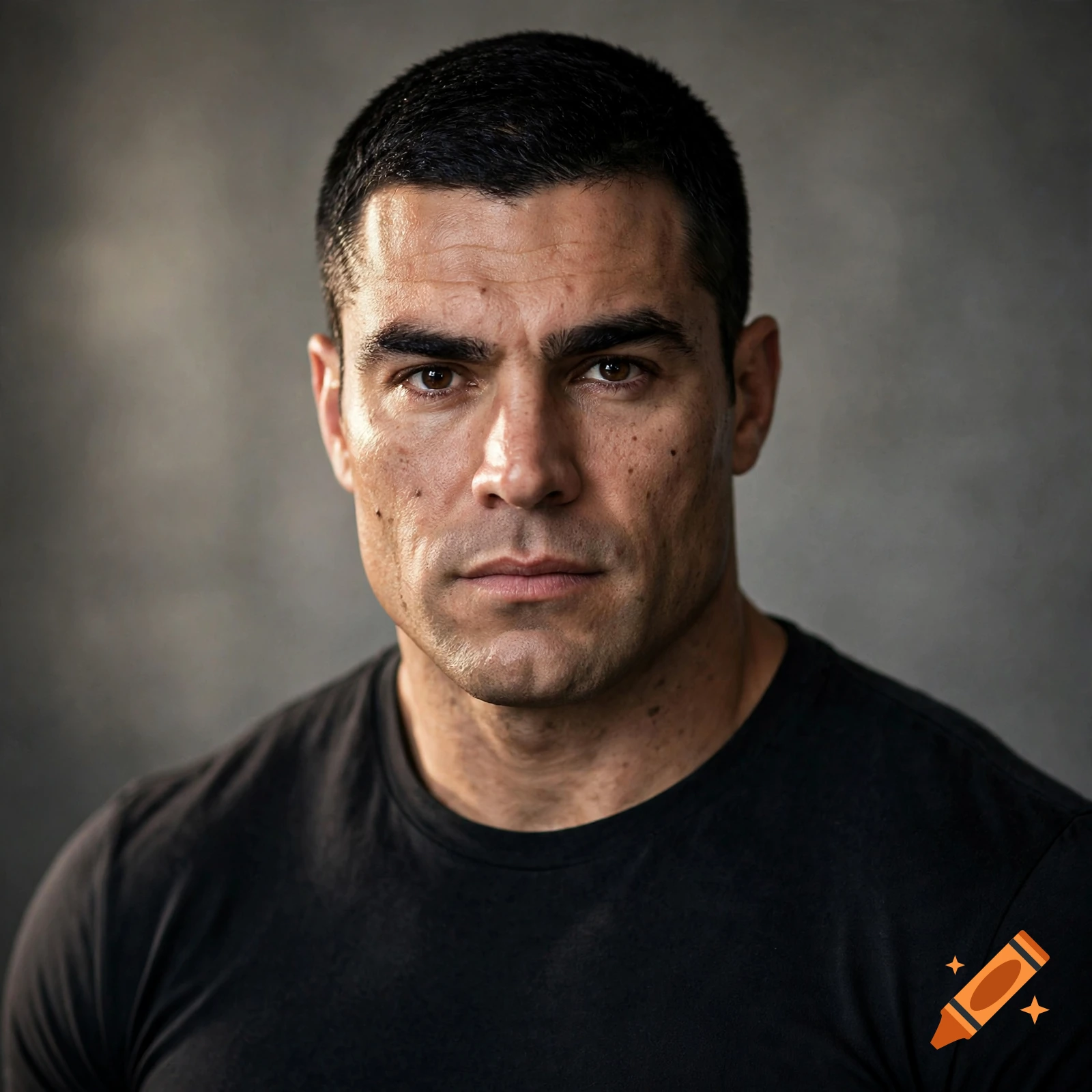 Photorealistic close-up portrait of a muscular man with short black hair, strong facial features, and brown eyes against a gray textured background.