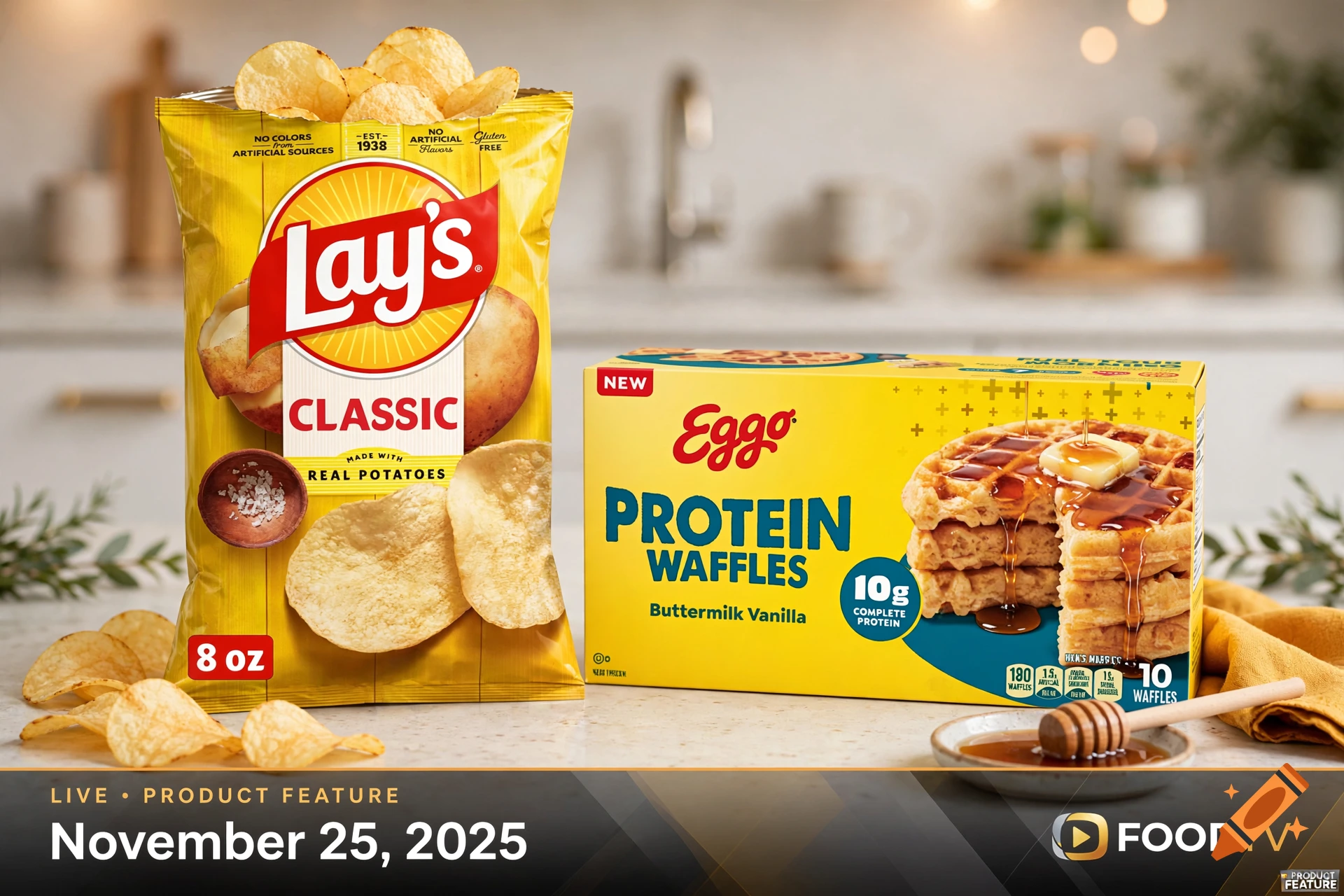 Commercial advertisement showing a bag of Lay's classic potato chips and a box of Eggo protein waffles with syrup.