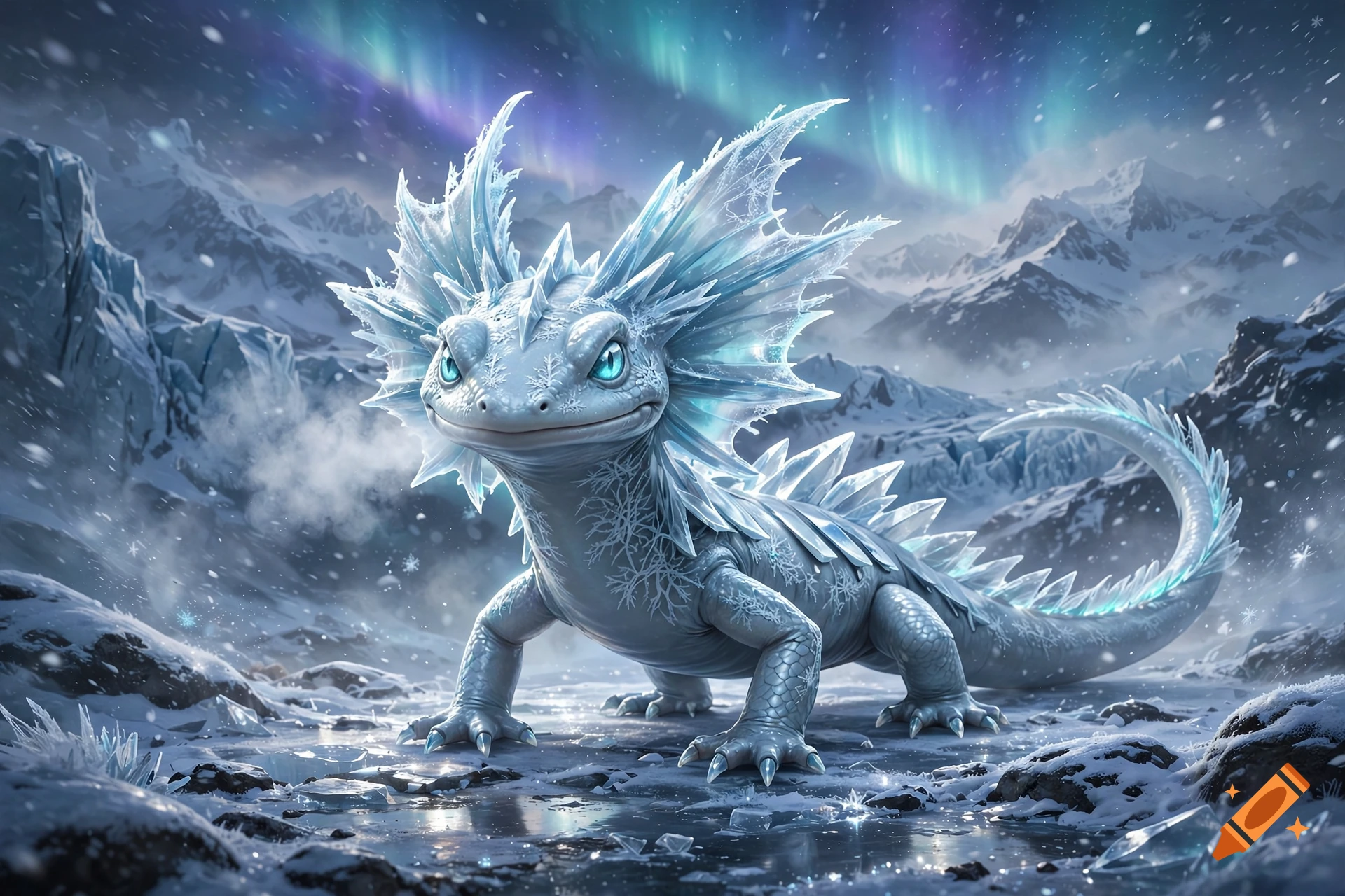 An ice-type salamander creature with crystal horns in a snowy mountain landscape with an aurora in the sky.