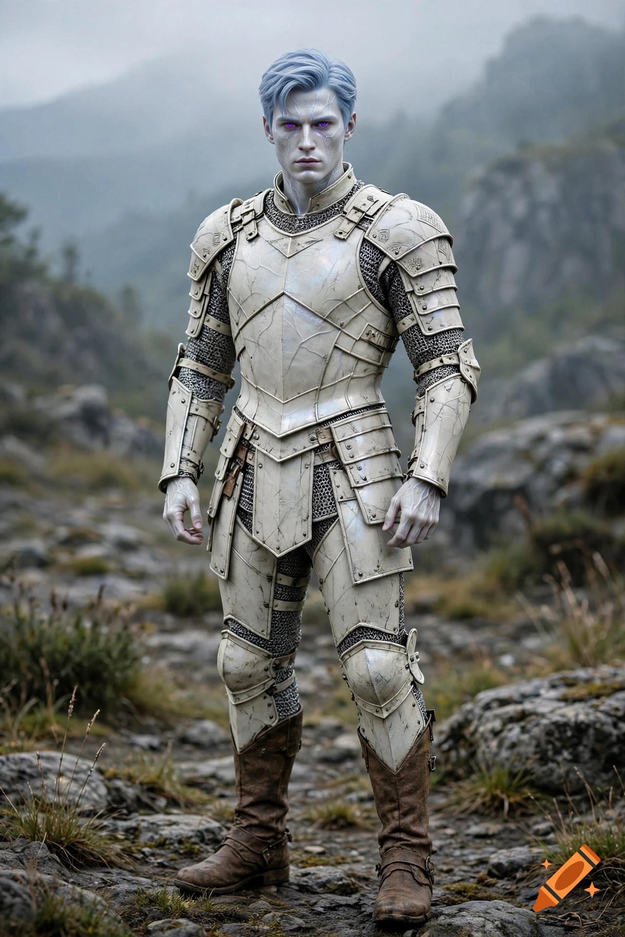 Photorealistic full-body shot of a male character with pearly white skin, purple eyes, and light blue hair, wearing ornate cream-colored armor and chainmail in a rocky, foggy landscape.