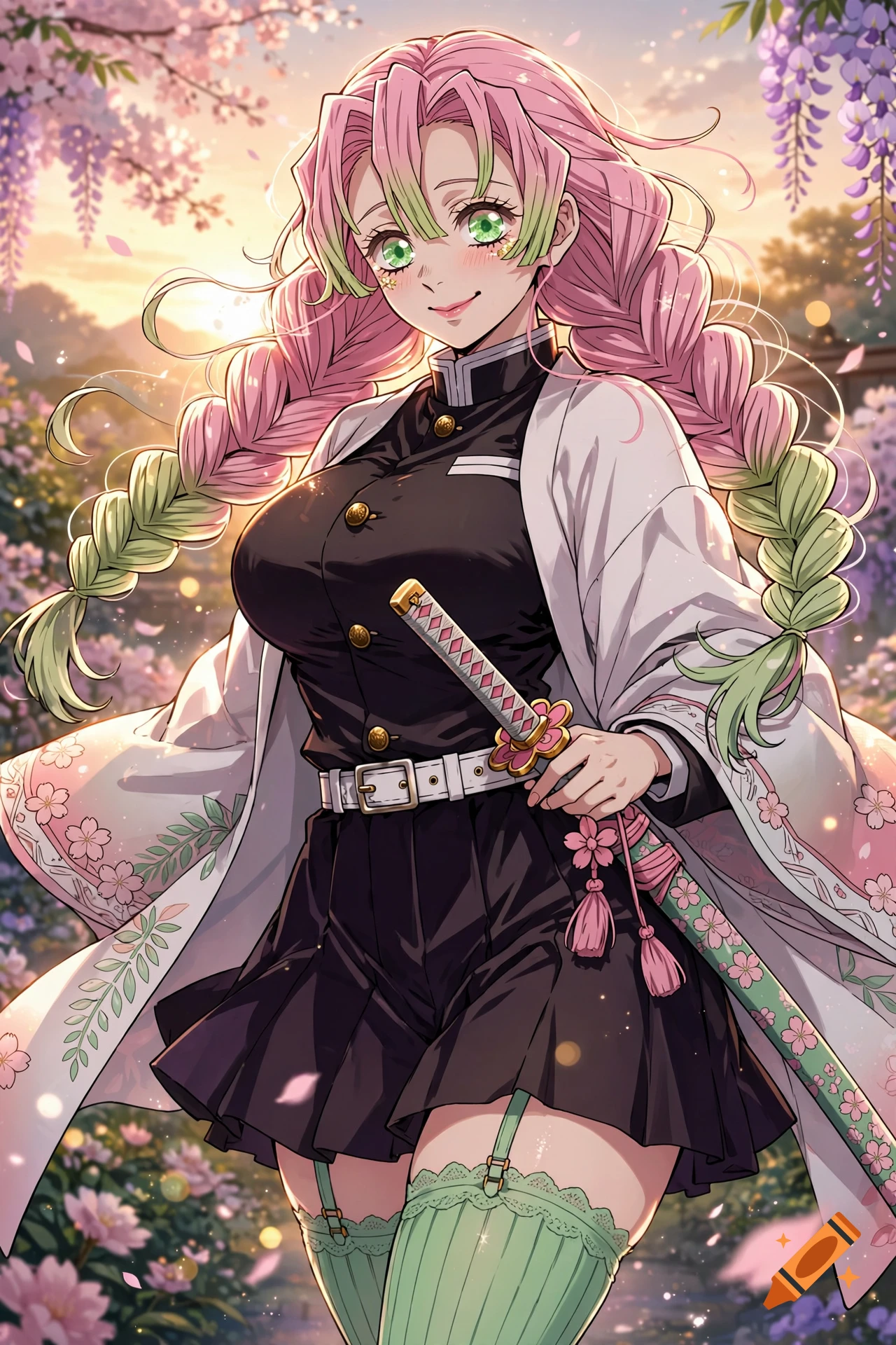 Anime style illustration of Mitsuri Kanroji from Demon Slayer with pink and green braided hair, wearing a uniform and a haori in a cherry blossom garden.