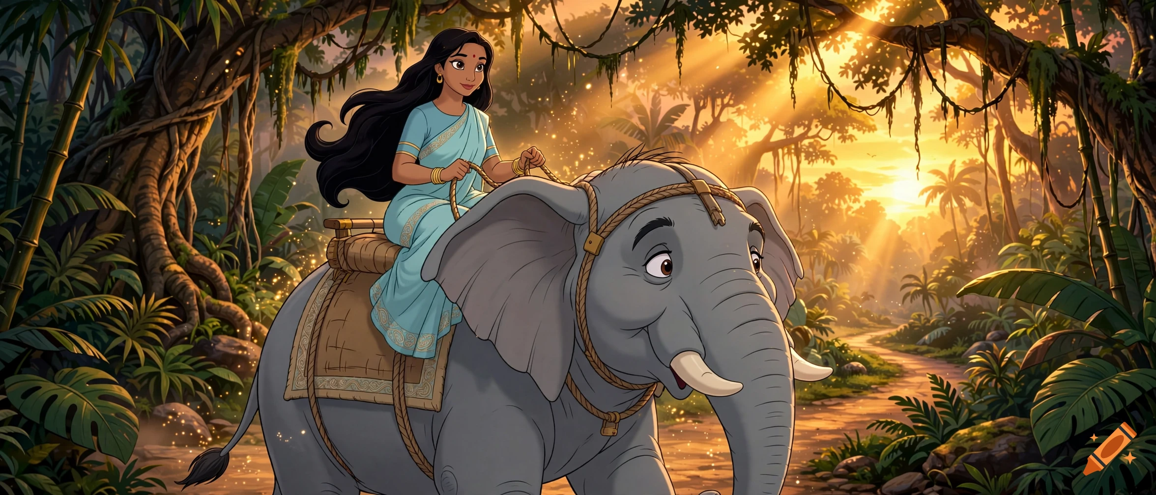 An Indian woman riding an elephant through a lush jungle during a sunset, in a 2000s animated film style.