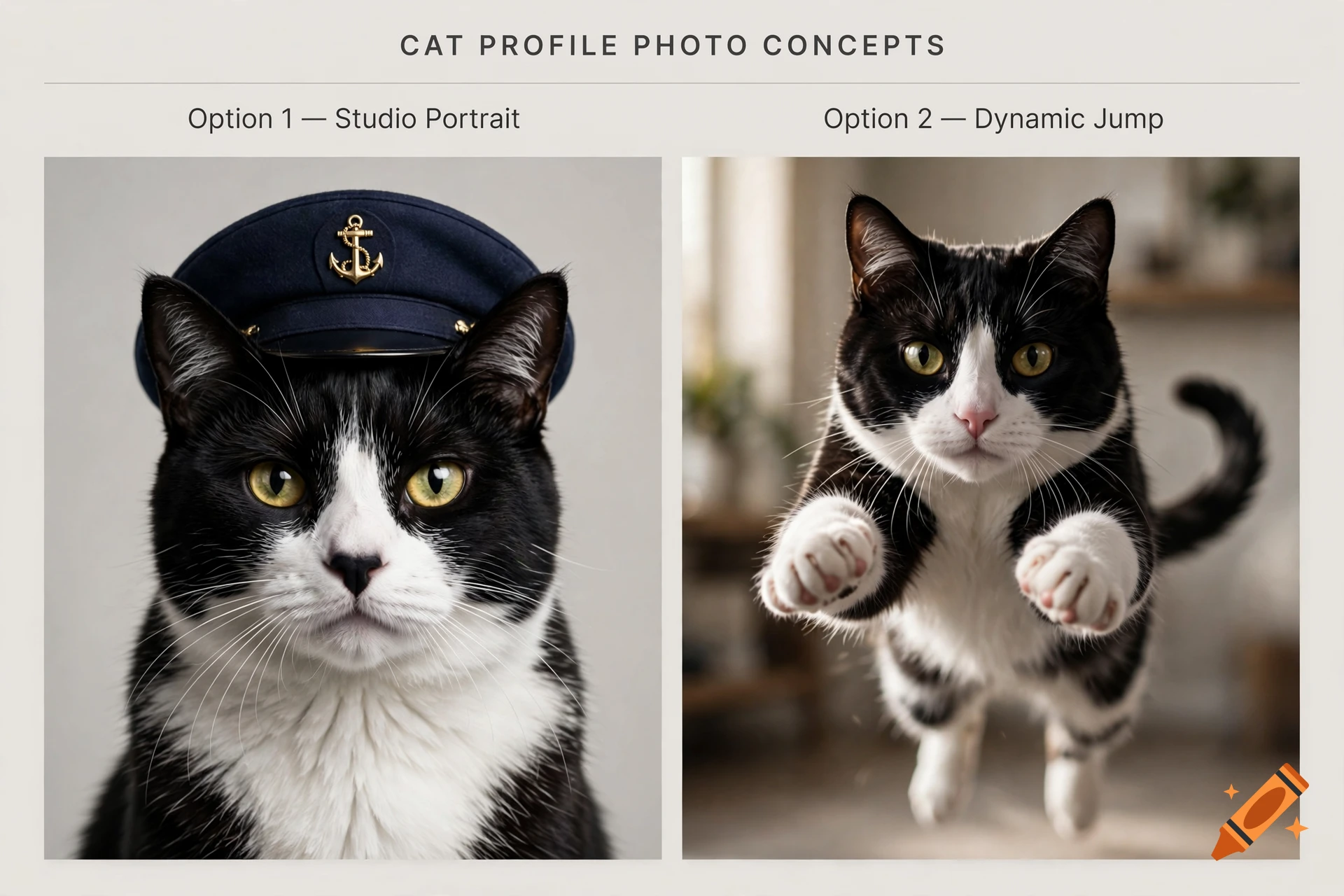 Two photorealistic portrait concepts of a black and white cat, one wearing a captain hat and one jumping.