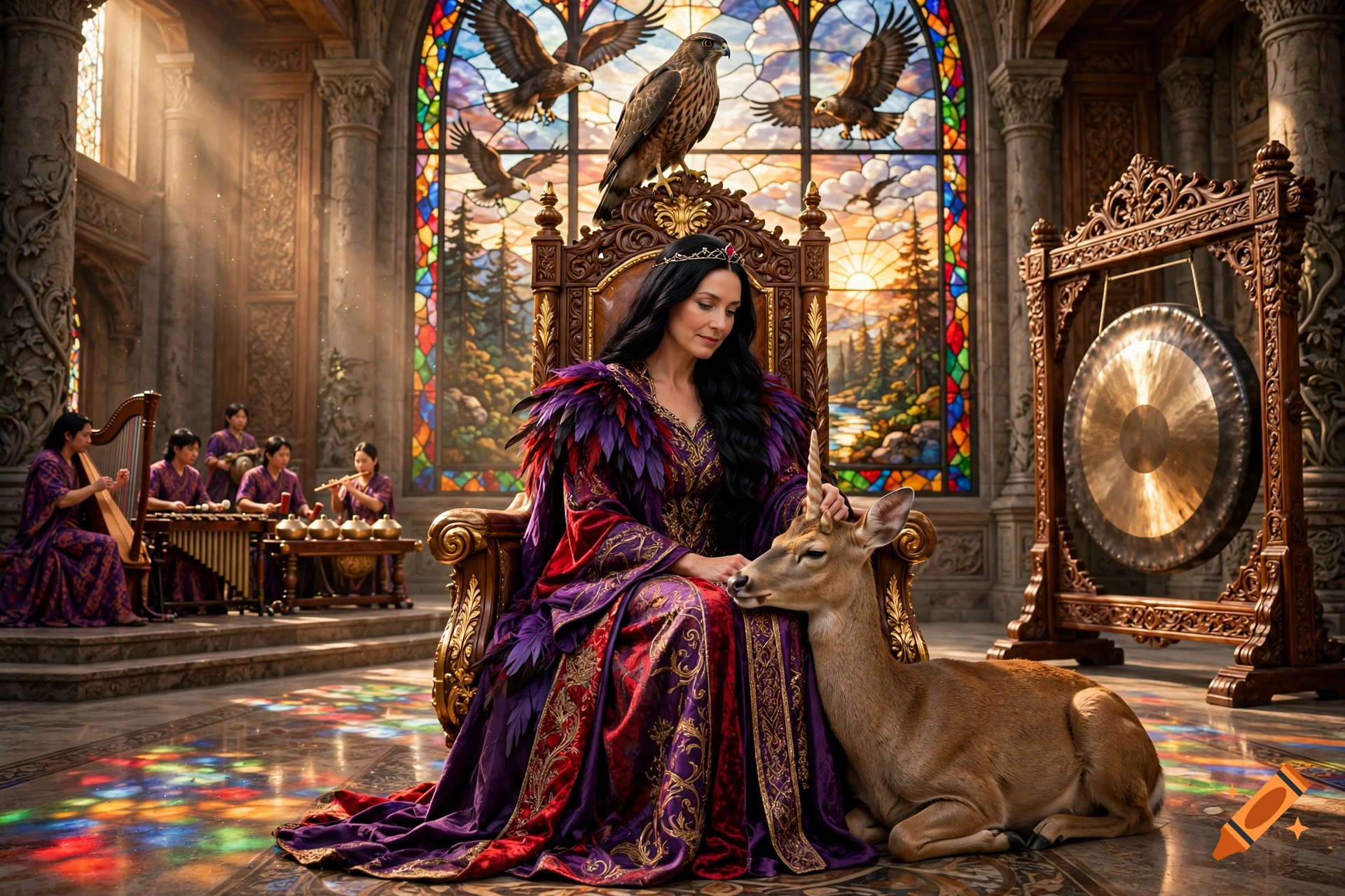 A fantasy queen with a small unicorn-like deer resting in her lap, seated on a wooden throne in a grand hall with stained glass and musicians.