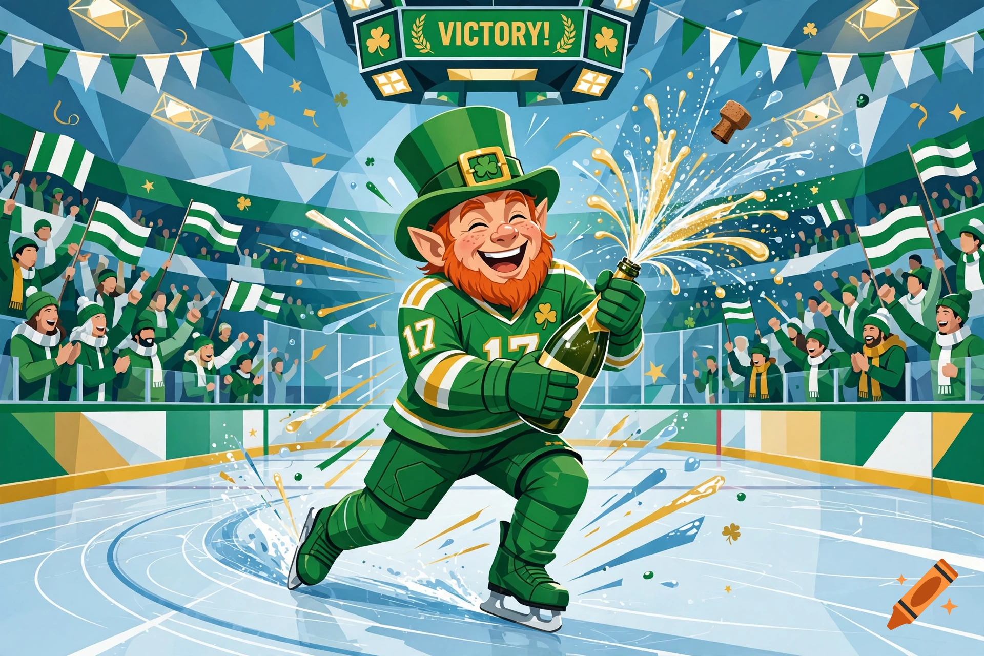 Illustration of a joyful leprechaun in a green hockey uniform celebrating on an ice rink, popping a champagne bottle.