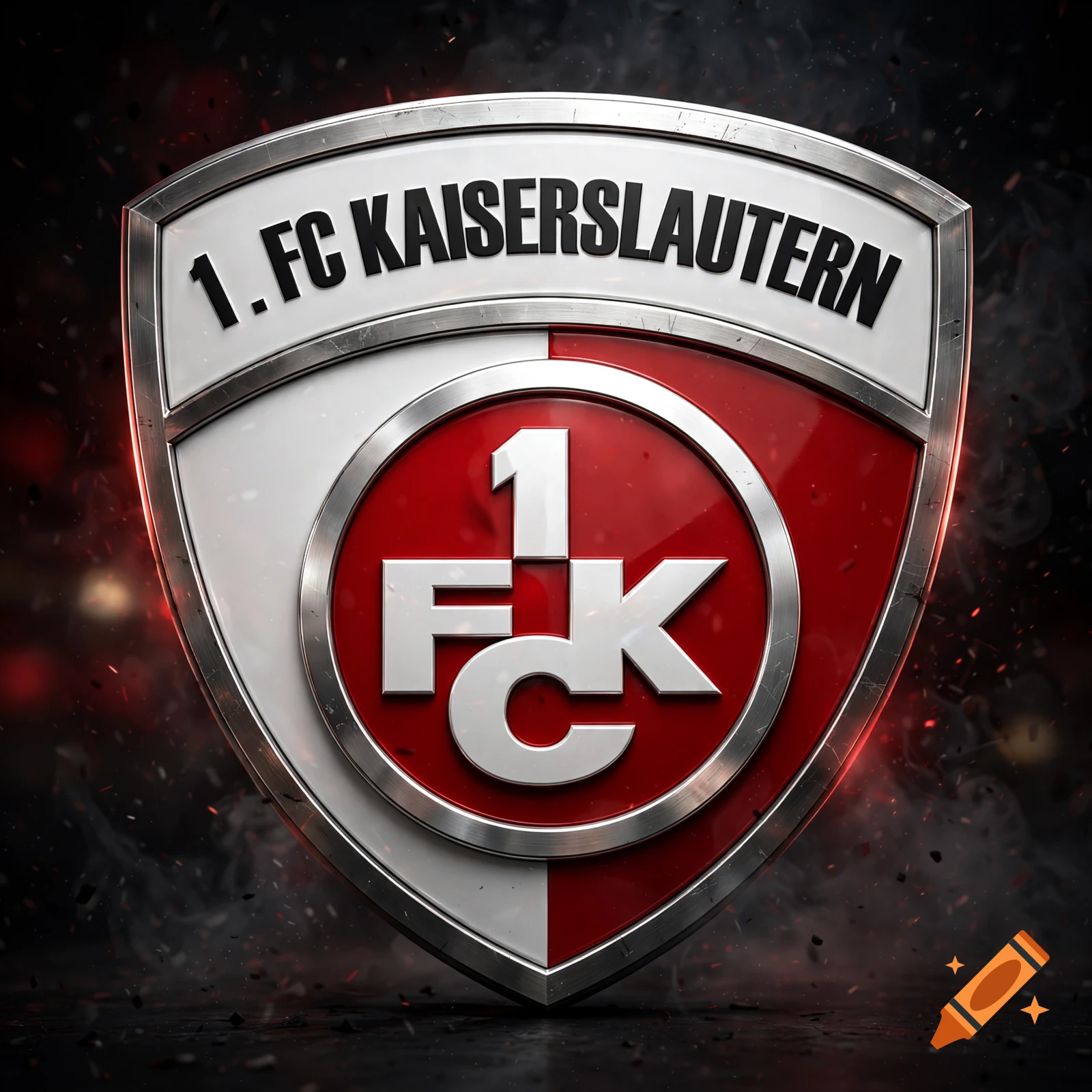 3D metallic shield crest logo of 1. FC Kaiserslautern with red and white background and smoky atmosphere.