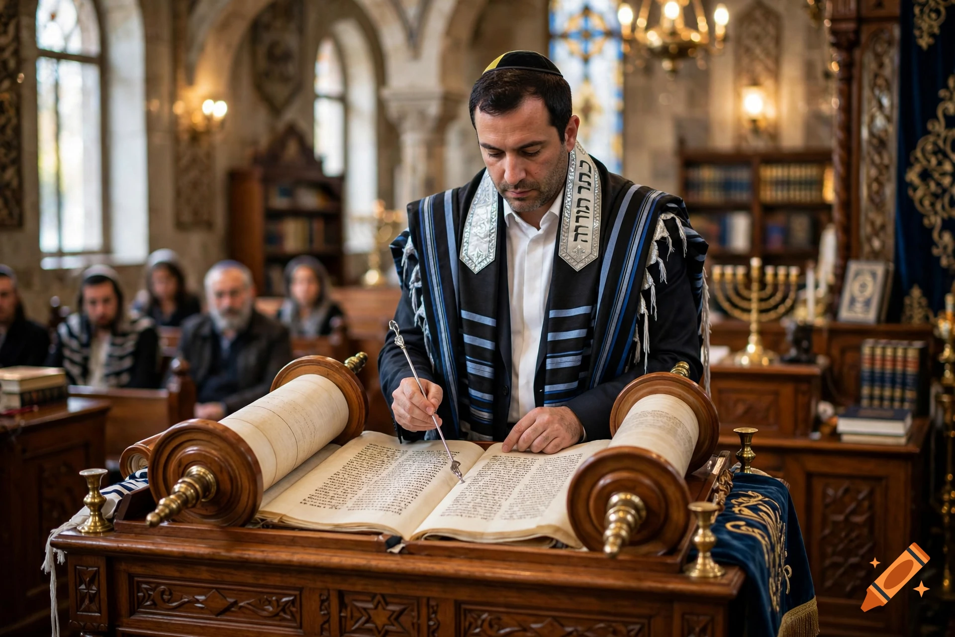 Photorealistic image of a Jewish man in a tallit reading from an open Torah scroll in a synagogue.