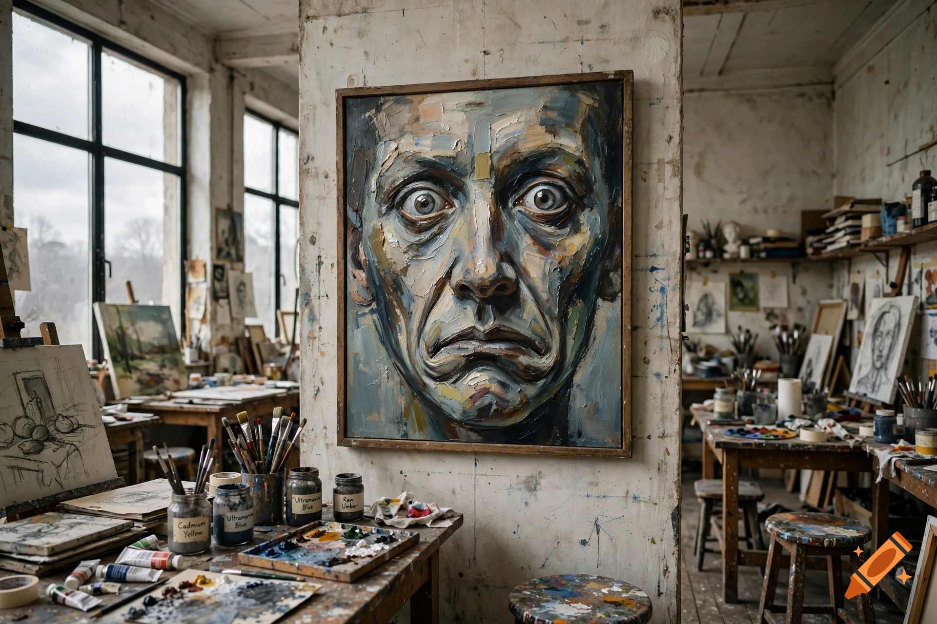 An oil painting of a staring twisted face displayed on a pillar inside an artist's cluttered workshop studio.