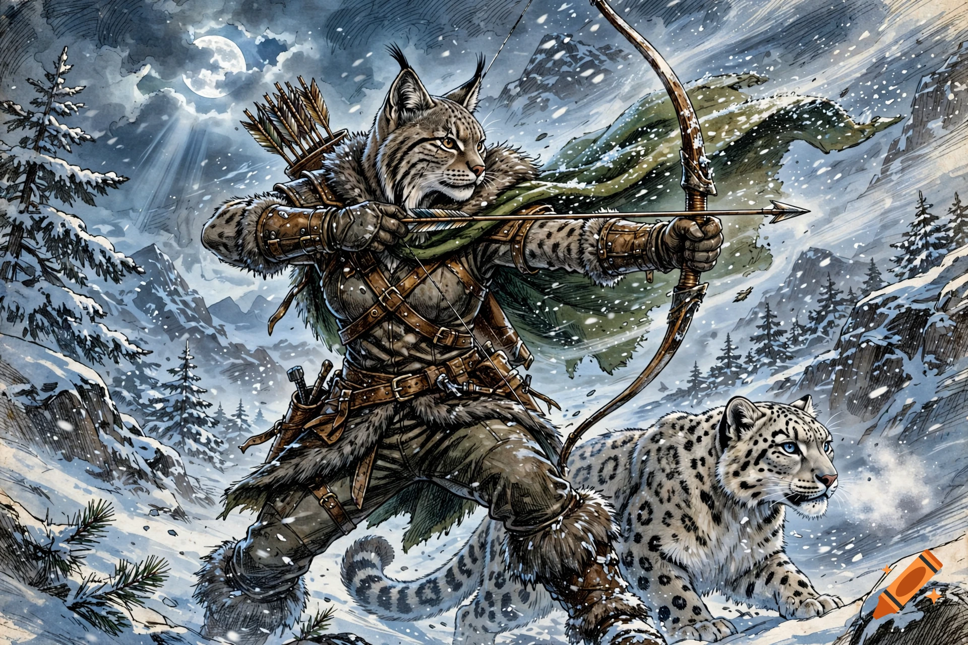 Pen and paper fantasy illustration of a lynx tabaxi ranger drawing a longbow with a snow leopard in a snowy mountain landscape.
