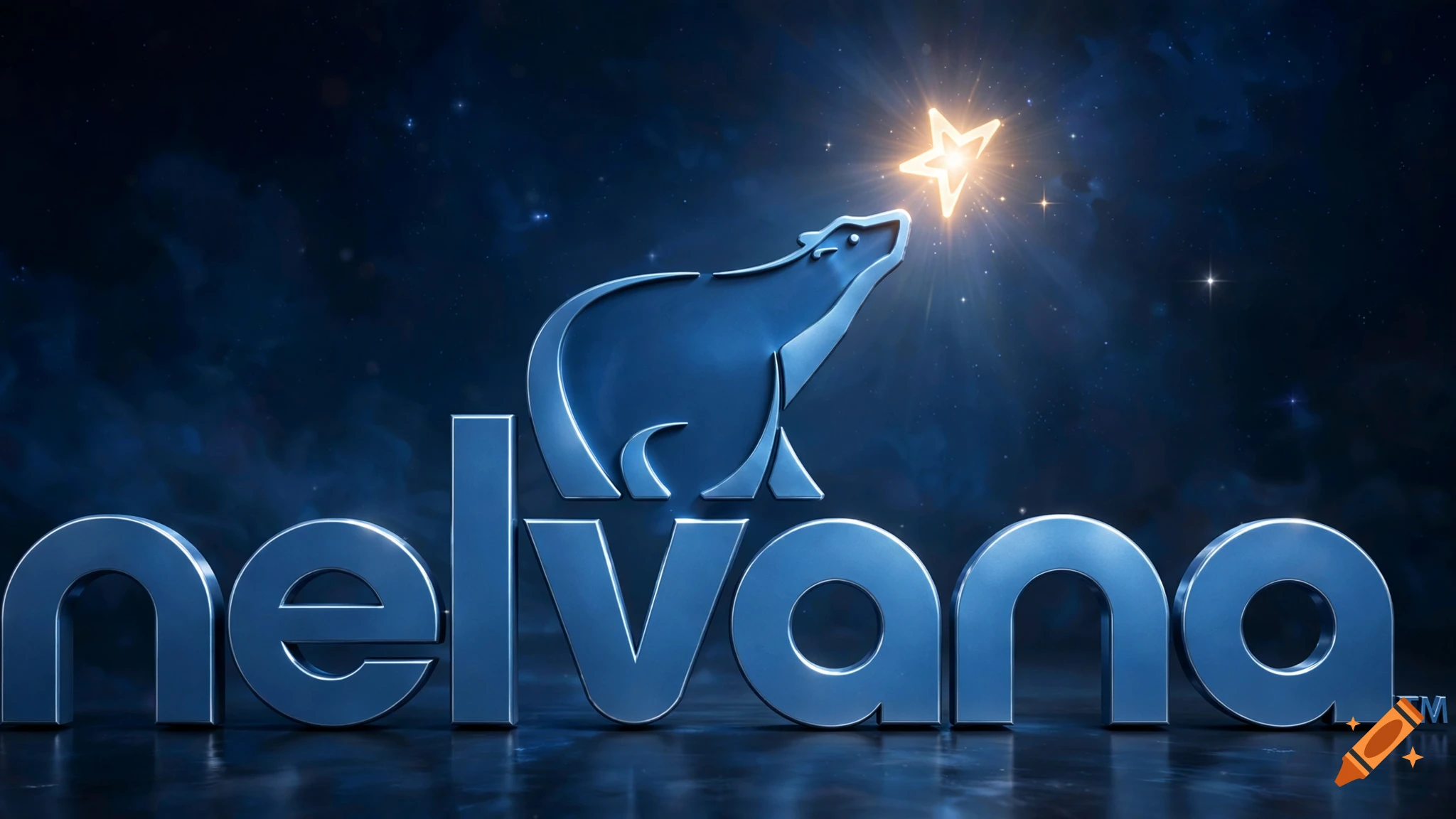 3D metallic blue Nelvana logo with a polar bear standing and reaching for a glowing star against a starry space background.