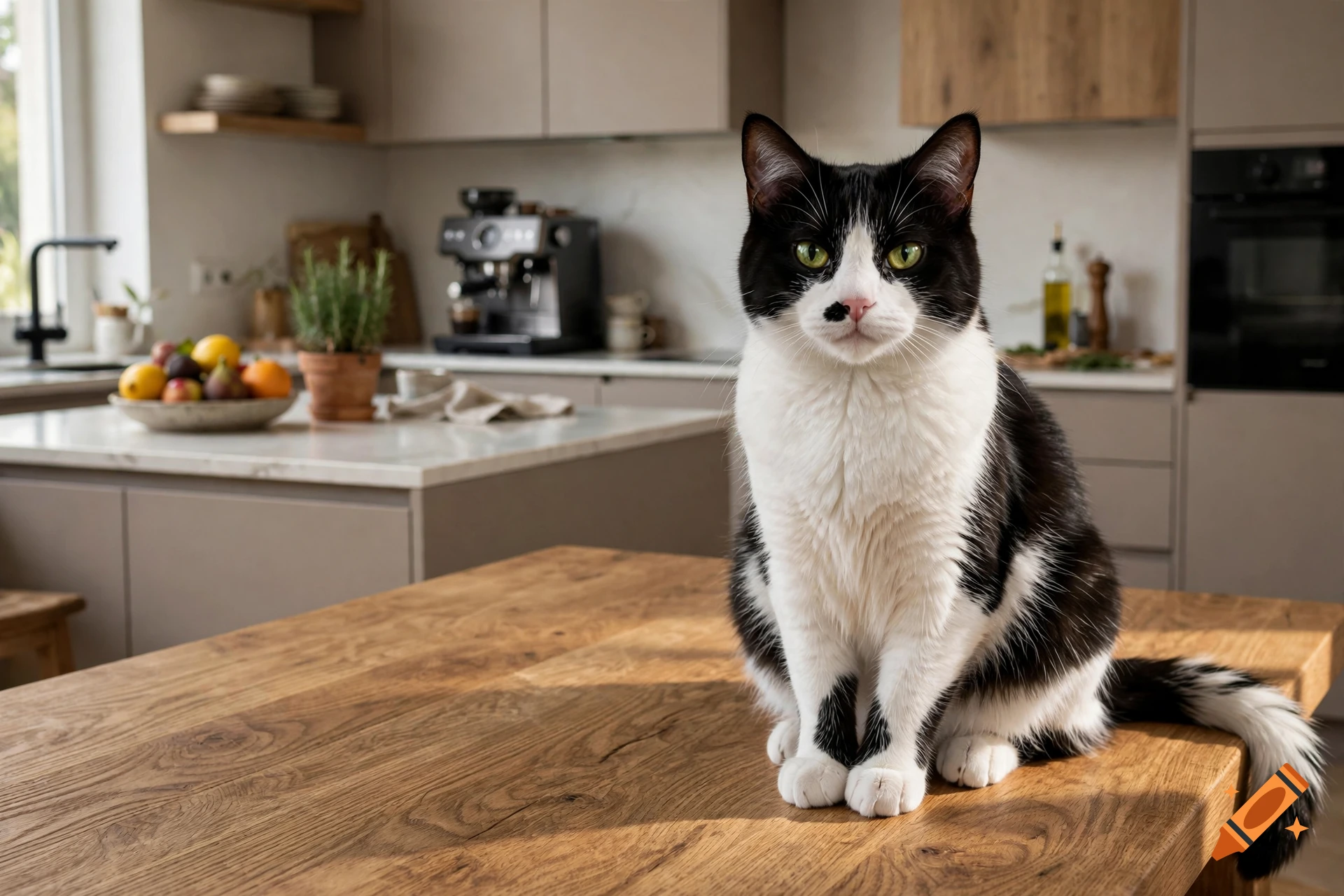 Photorealistic black and white tuxedo cat sitting on a wooden kitchen table in a modern interior.