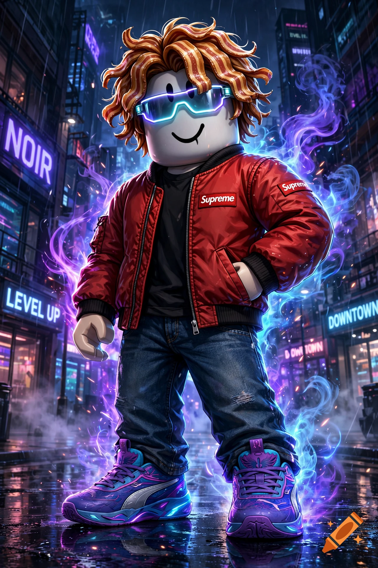 Roblox bacon hair avatar in a red Supreme jacket, jeans, and purple sneakers, standing in a neon-lit cyberpunk city alleyway with a glowing blue aura.