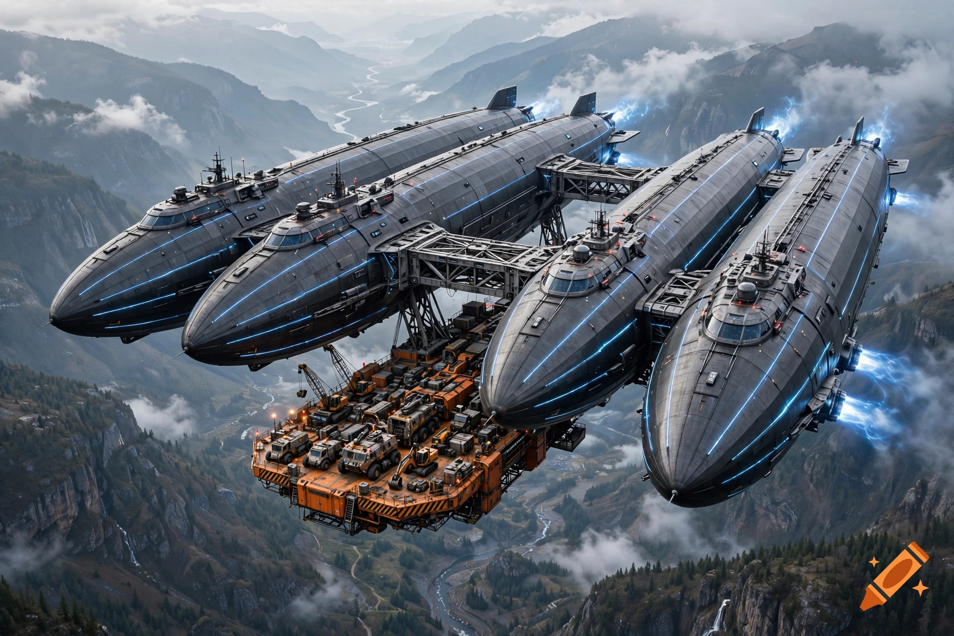 Photorealistic wide shot of a futuristic quad-zeppelin airship carrying a heavy-duty industrial platform over a mountainous valley.