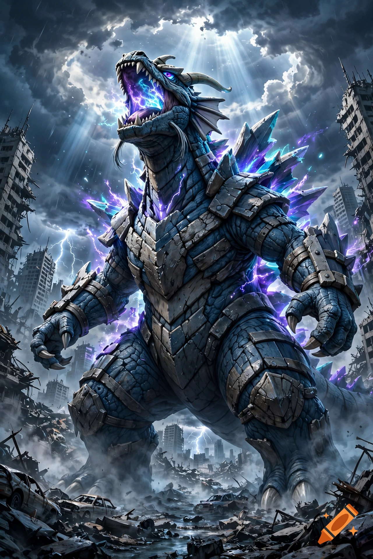 A massive blue armored kaiju monster roaring amidst a ruined city under a stormy sky with lightning.