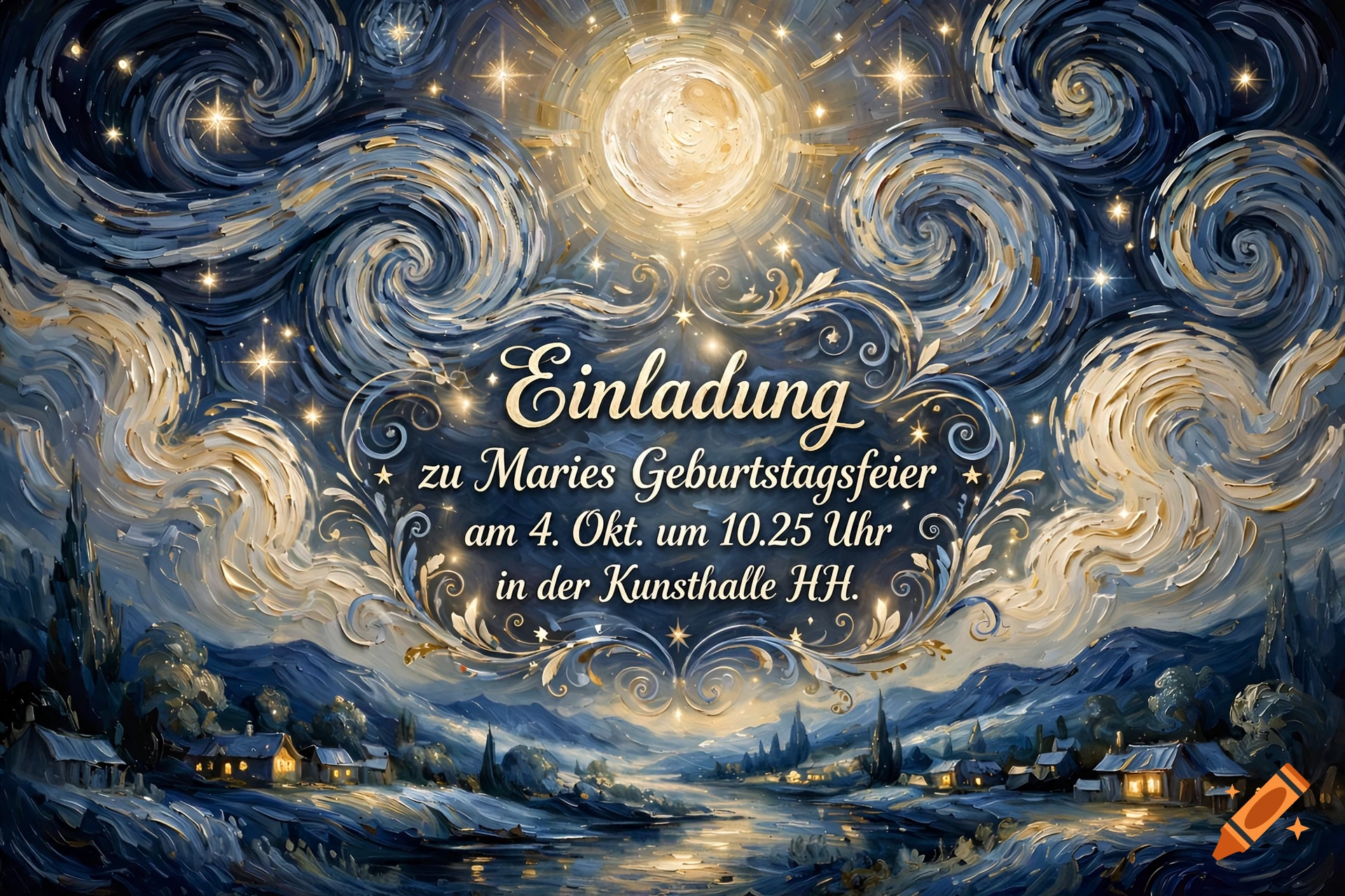 Digital painting in the style of van Gogh's Starry Night with a glowing moon, a village below, and German event text in the center.