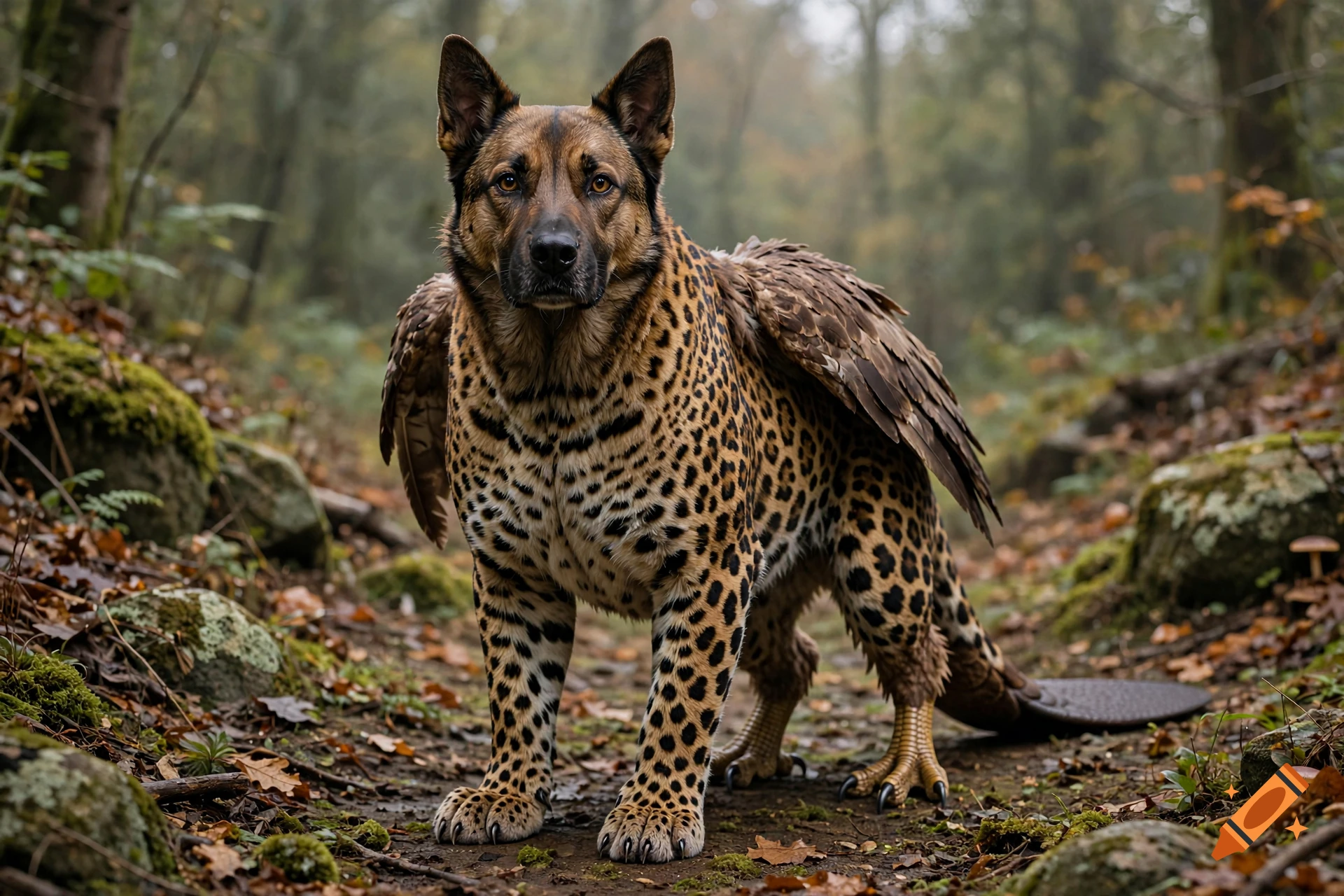 Photorealistic chimera with a dog's head, leopard's body, bird wings and legs, and a beaver's tail in a forest.
