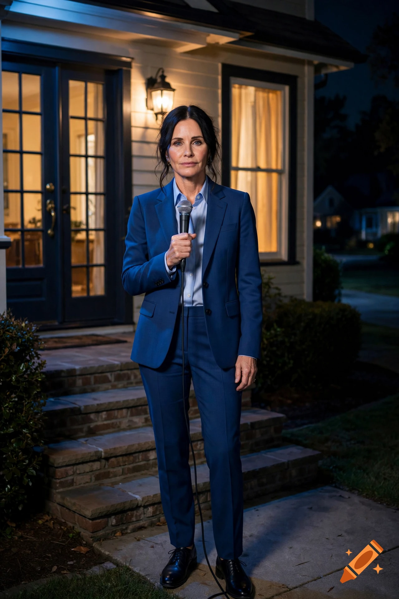 Photorealistic image of a woman wearing a blue business suit, holding a microphone outside a house at night.