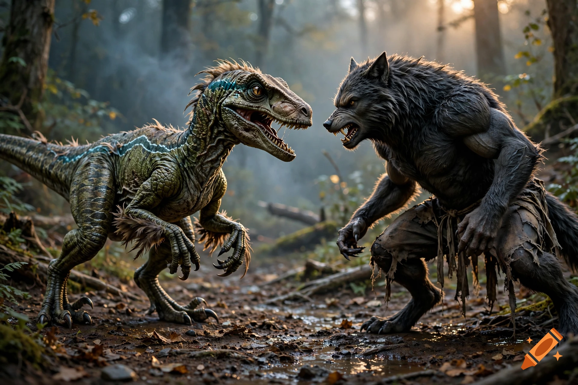 A feathered raptor and a muscular werewolf facing each other in a misty forest, photorealistic style.