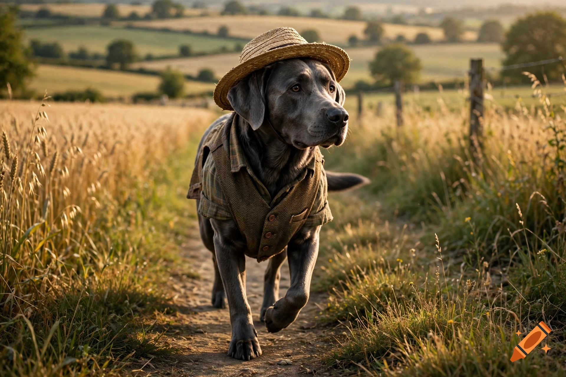 Photorealistic image of a gray Labrador retriever wearing a straw hat and a tweed vest, walking on a rural path through a field.