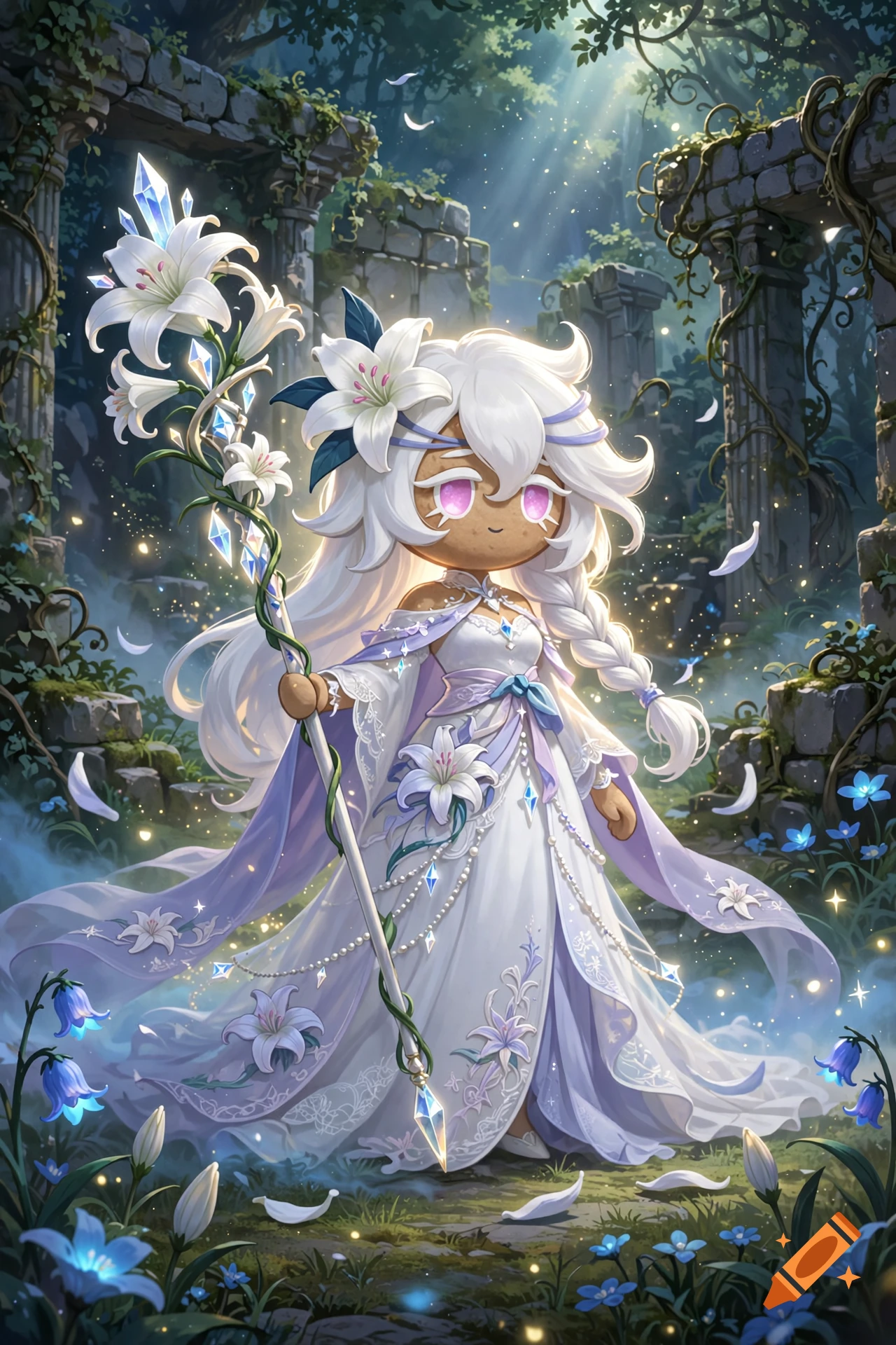 An anime-style fantasy character resembling a cookie with white hair, a flowing white dress, and a crystal staff in a ruined forest.