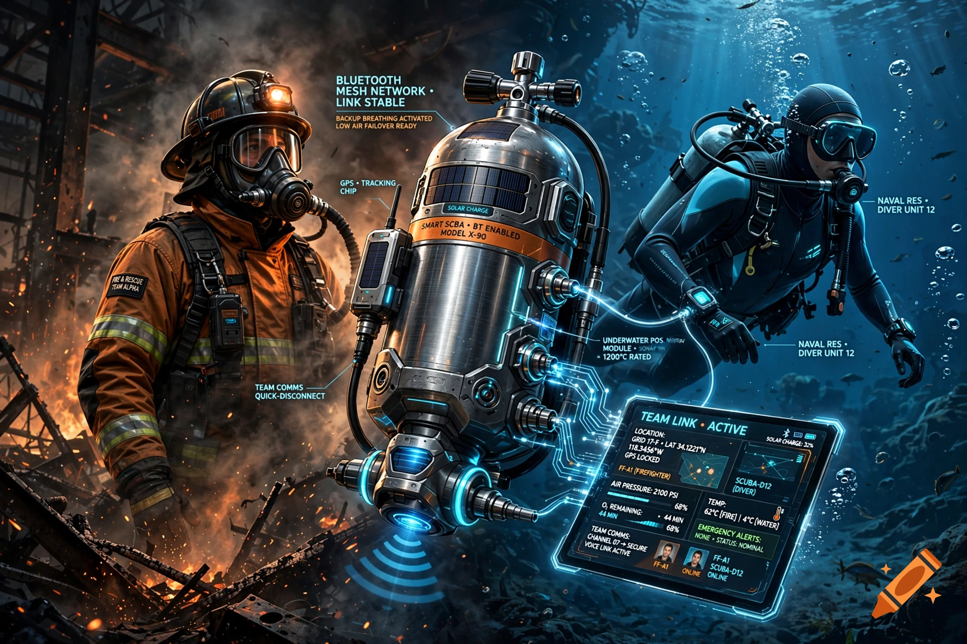 Photorealistic scene showing a firefighter and a scuba diver connected by futuristic smart SCBA tanks and a holographic display.