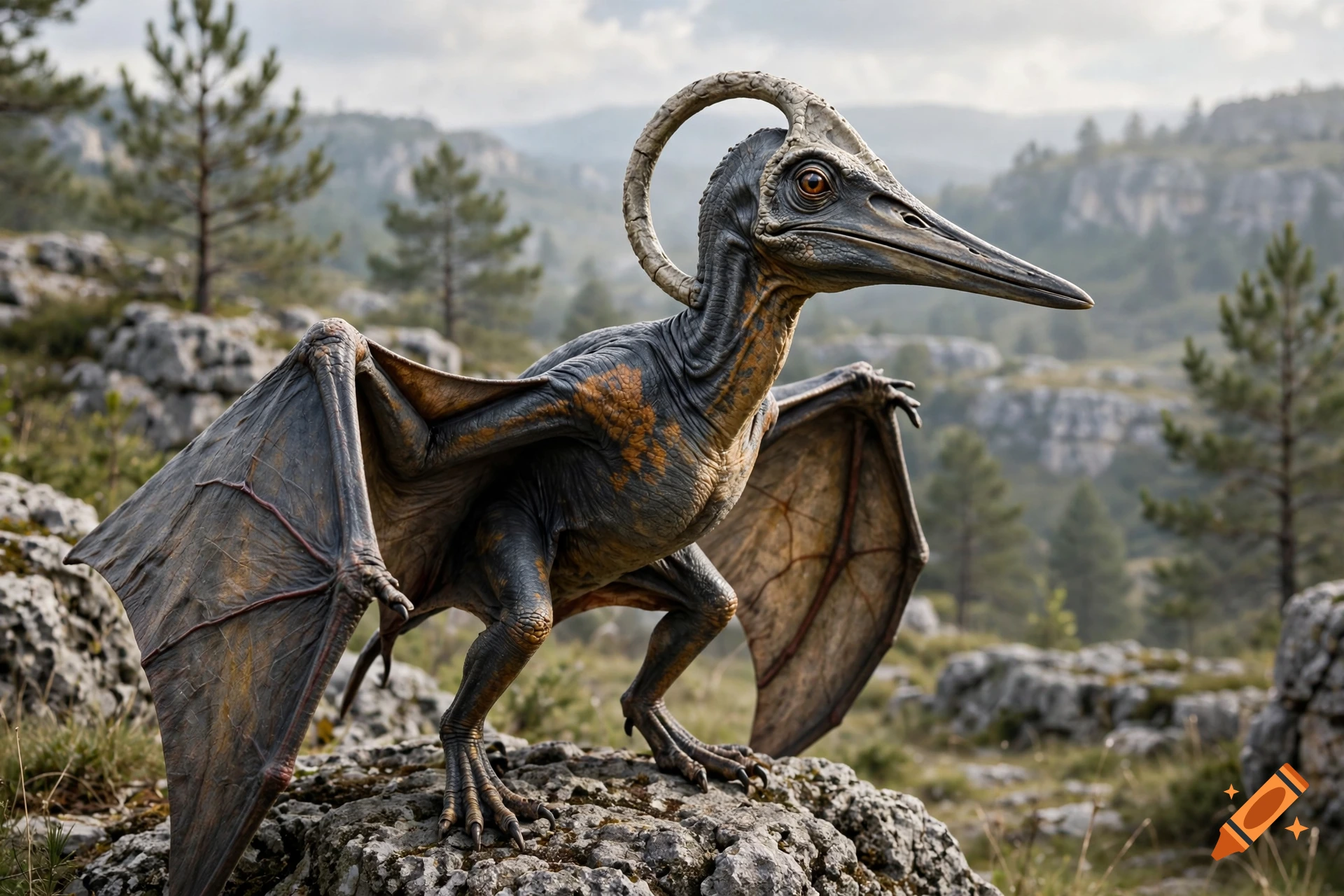 Photorealistic pterosaur-like creature with a horned crest standing on rocky terrain in a mountainous landscape.