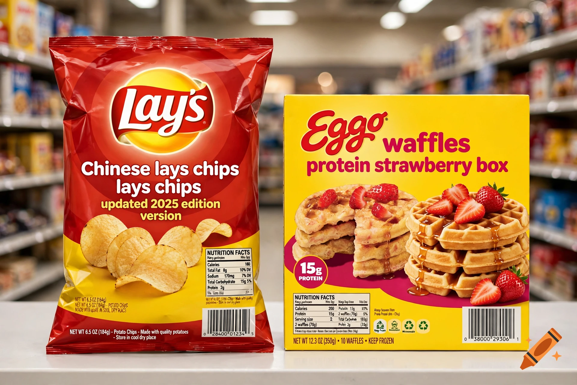Photorealistic product shot of a bag of Lay's chips and an Eggo waffles strawberry protein box on a white surface in a grocery store.