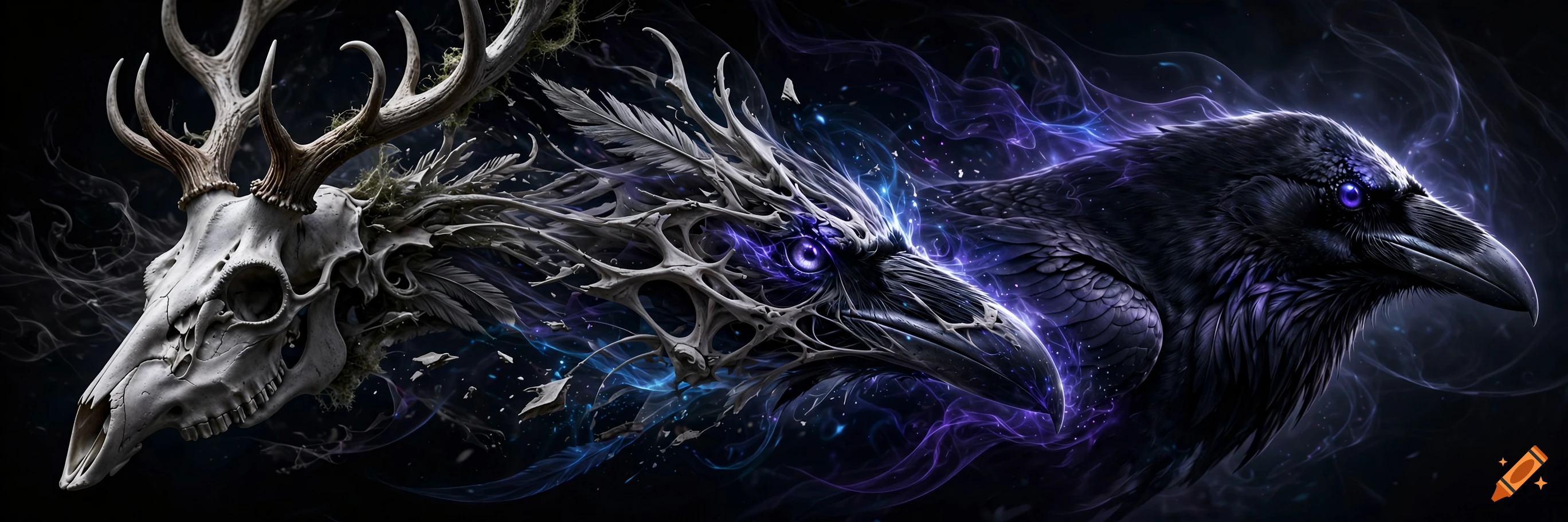 Digital art showing a morphing sequence transitioning from a deer skull with antlers into a glowing purple raven.
