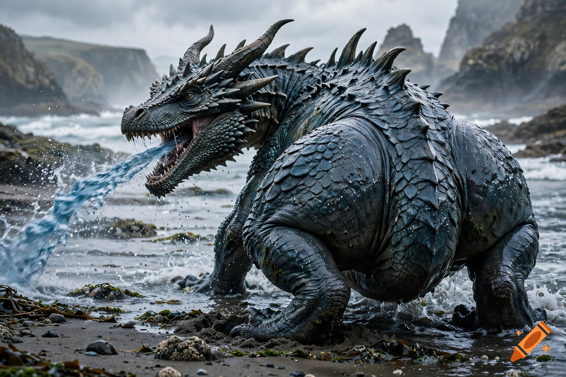 Photorealistic fantasy dragon with a large body standing on a rocky ocean shore, breathing water.