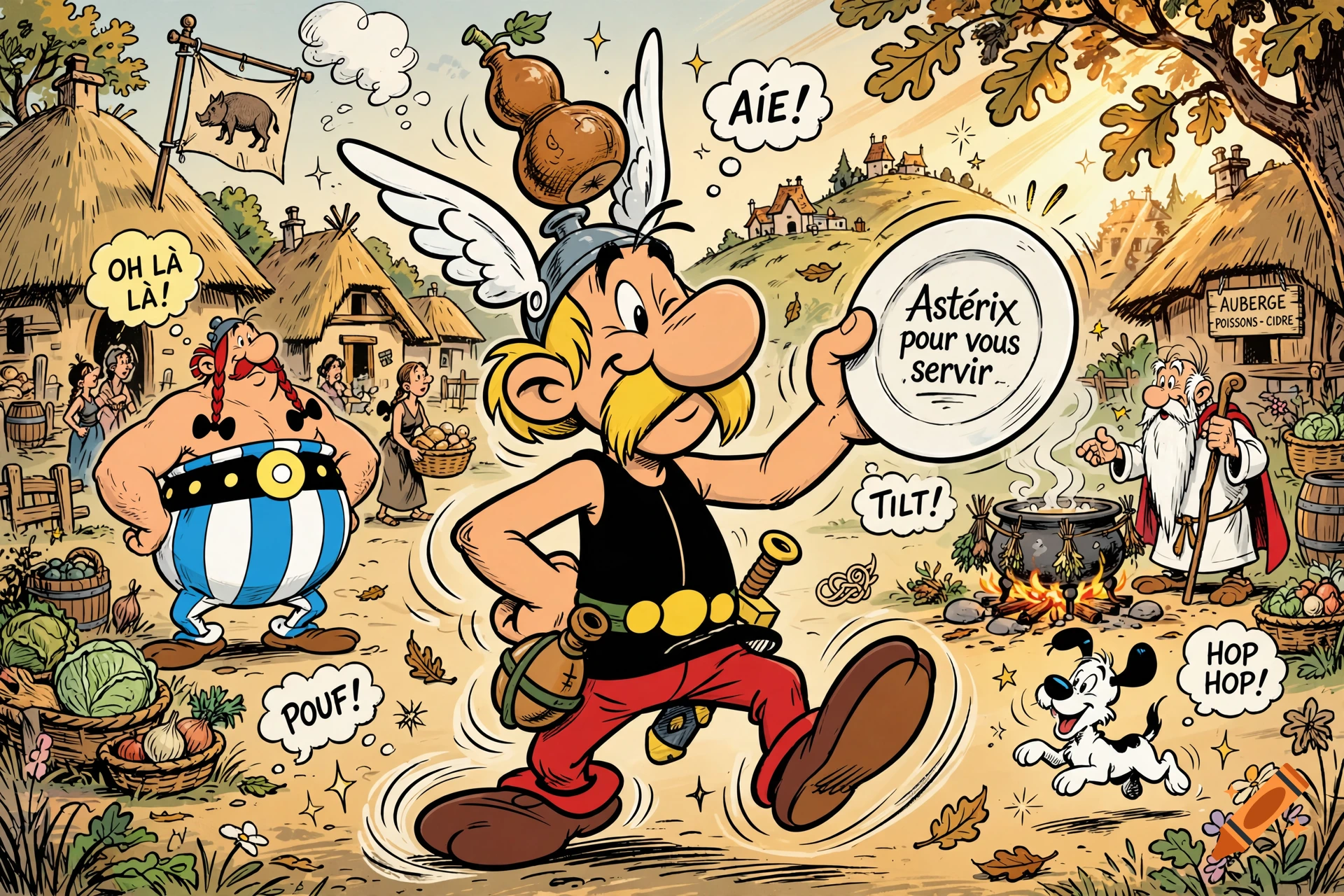 Comic style illustration of Asterix holding a plate with French text, with Obelix and village background.