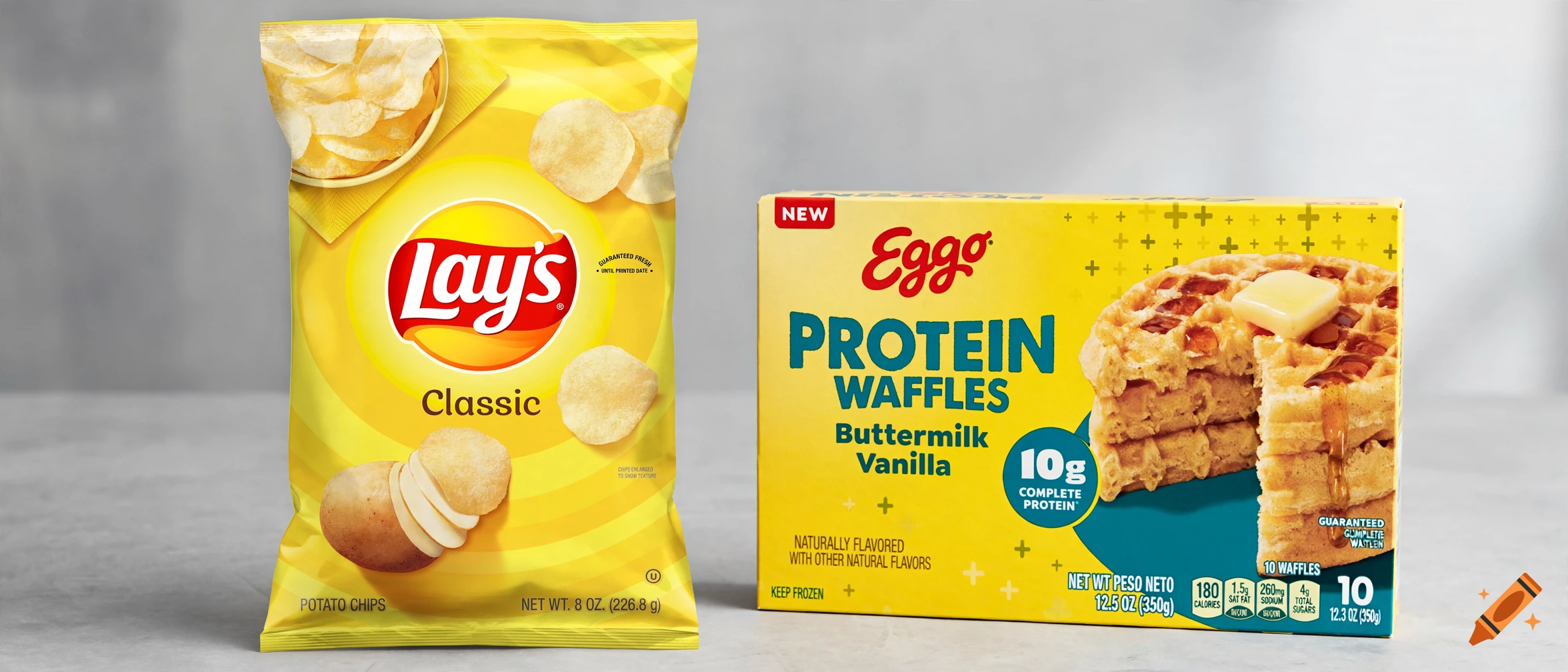 Photorealistic image of a bag of Lay's Classic potato chips and a box of Eggo Protein Waffles on a gray surface.