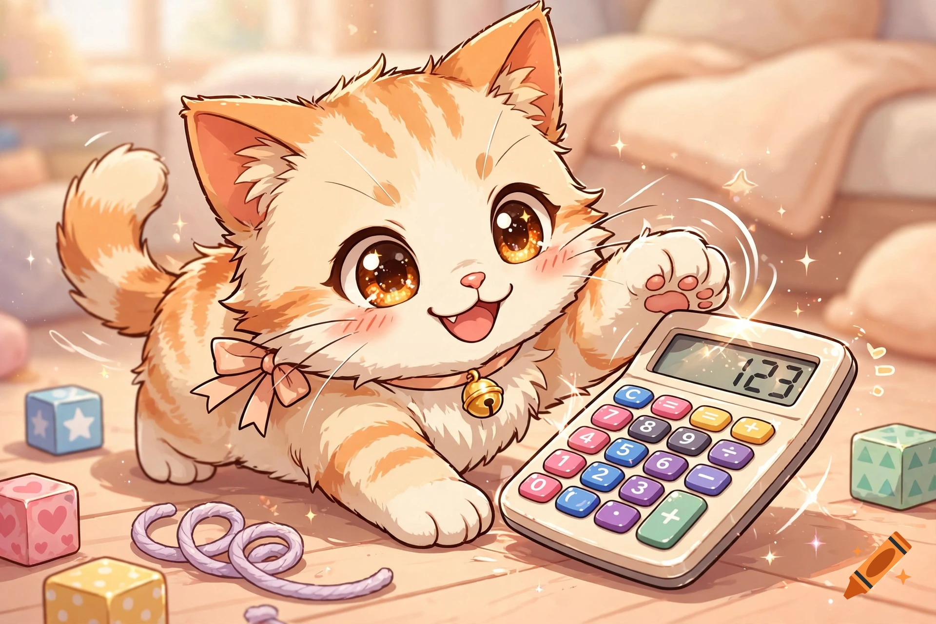 An anime-style orange tabby kitten playing with a calculator on a wooden floor, surrounded by toy blocks.