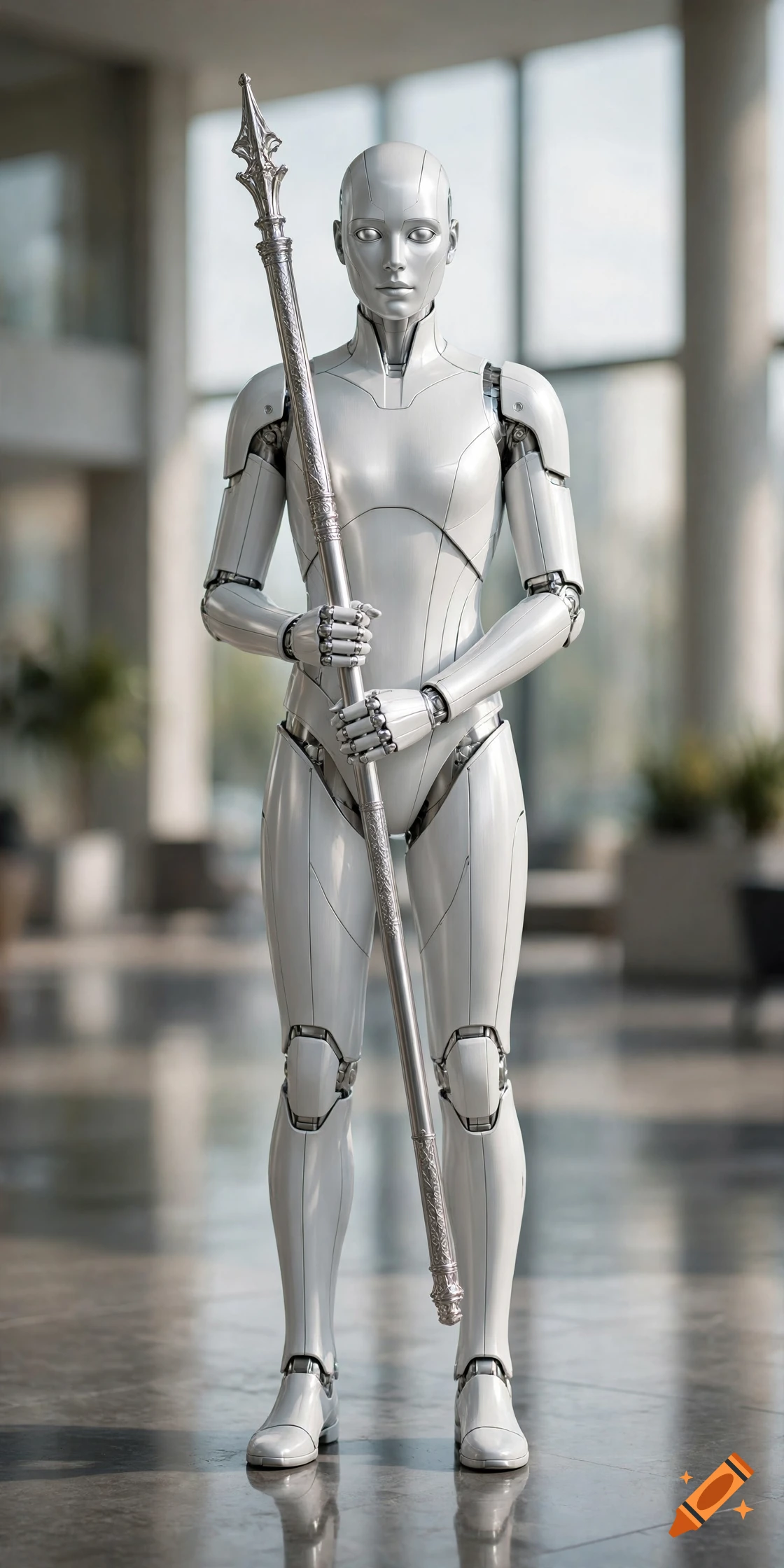 Photorealistic image of a sleek white and silver android holding a ceremonial staff inside a modern building.