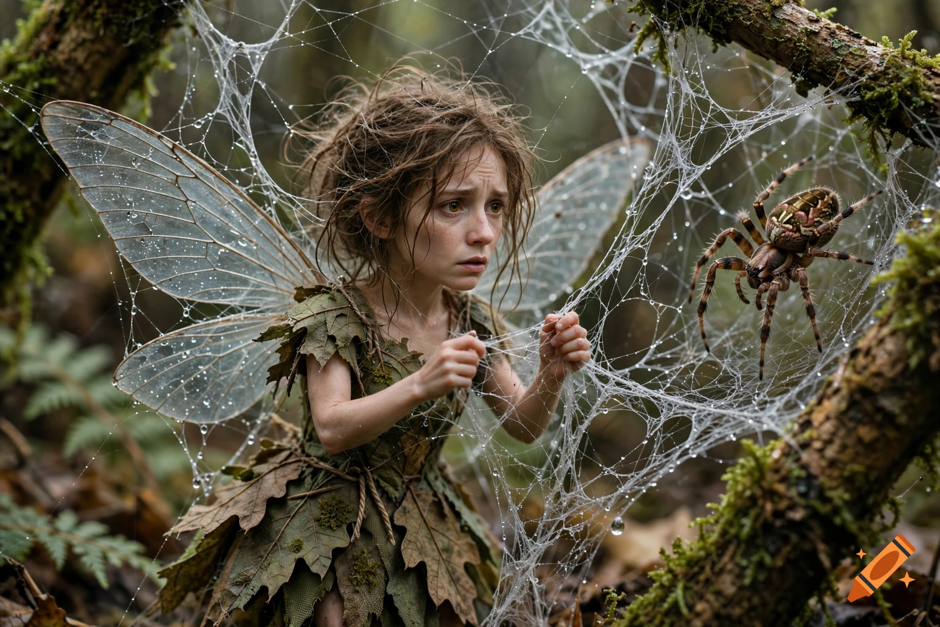 Photorealistic image of a frightened fairy trapped in a large spiderweb in a forest, facing a large spider.