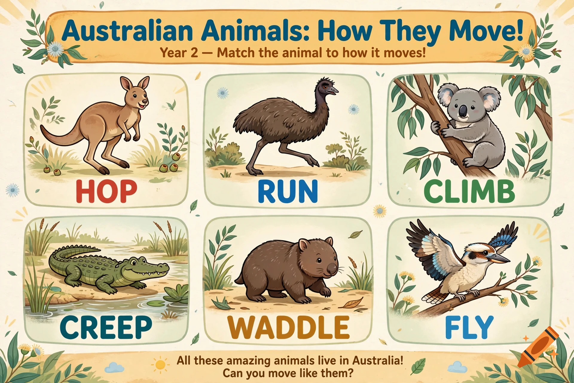 Educational poster for kids showing Australian animals like a kangaroo, emu, koala, crocodile, wombat, and kookaburra with their movement verbs.