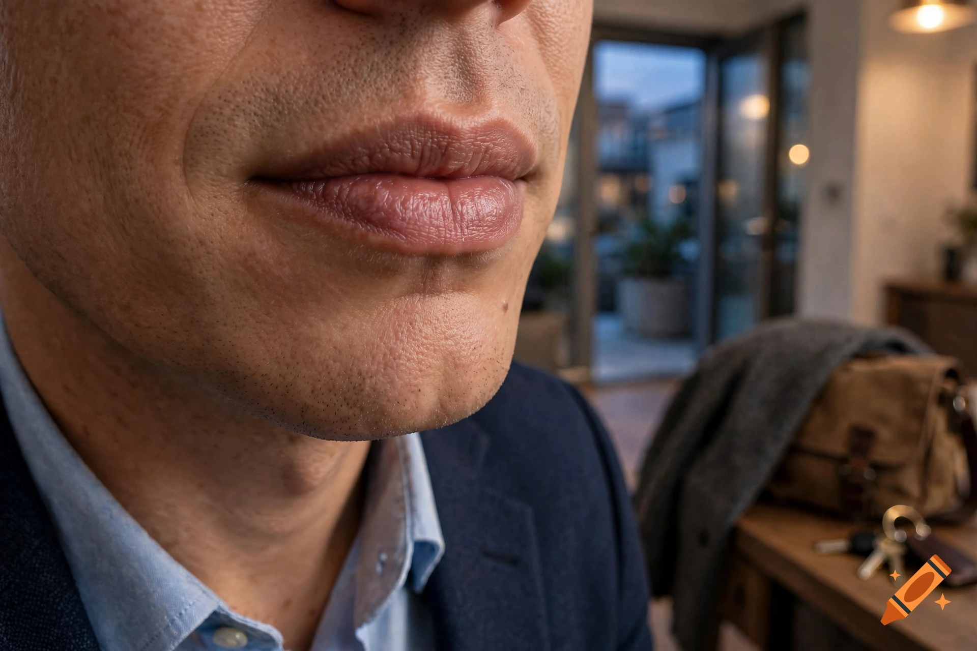 Close-up photorealistic shot of a man's lower face, focusing on his lips and chin, wearing a blue shirt and suit jacket, with an interior background.