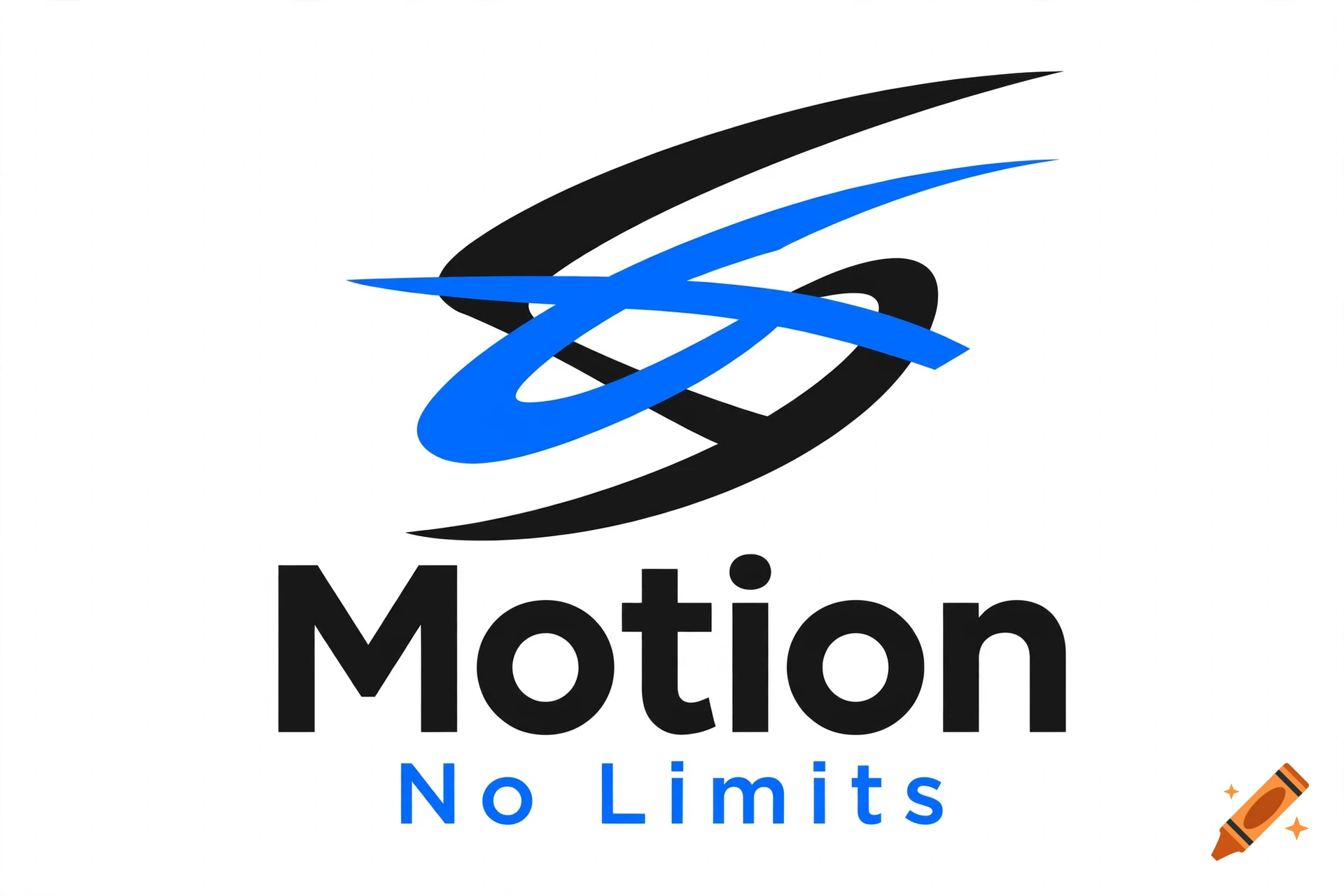 Modern sporty logo featuring a black and blue abstract fluid shape above the text Motion No Limits on a white background.