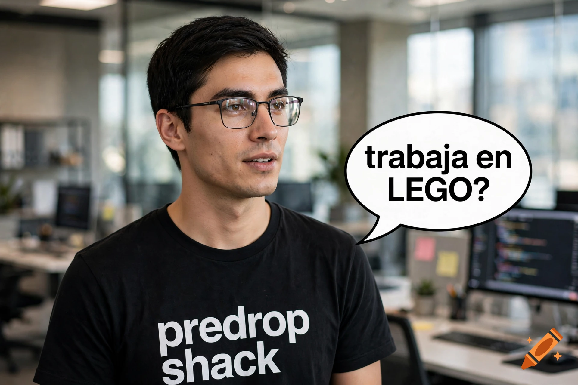 Photorealistic medium shot of a young man wearing glasses and a black t-shirt in a modern office, with a speech bubble showing text.
