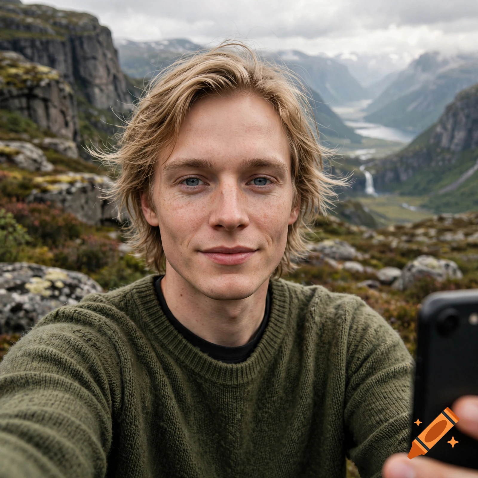 Photorealistic selfie of a young man with blond hair and freckles in front of a scenic mountain landscape.