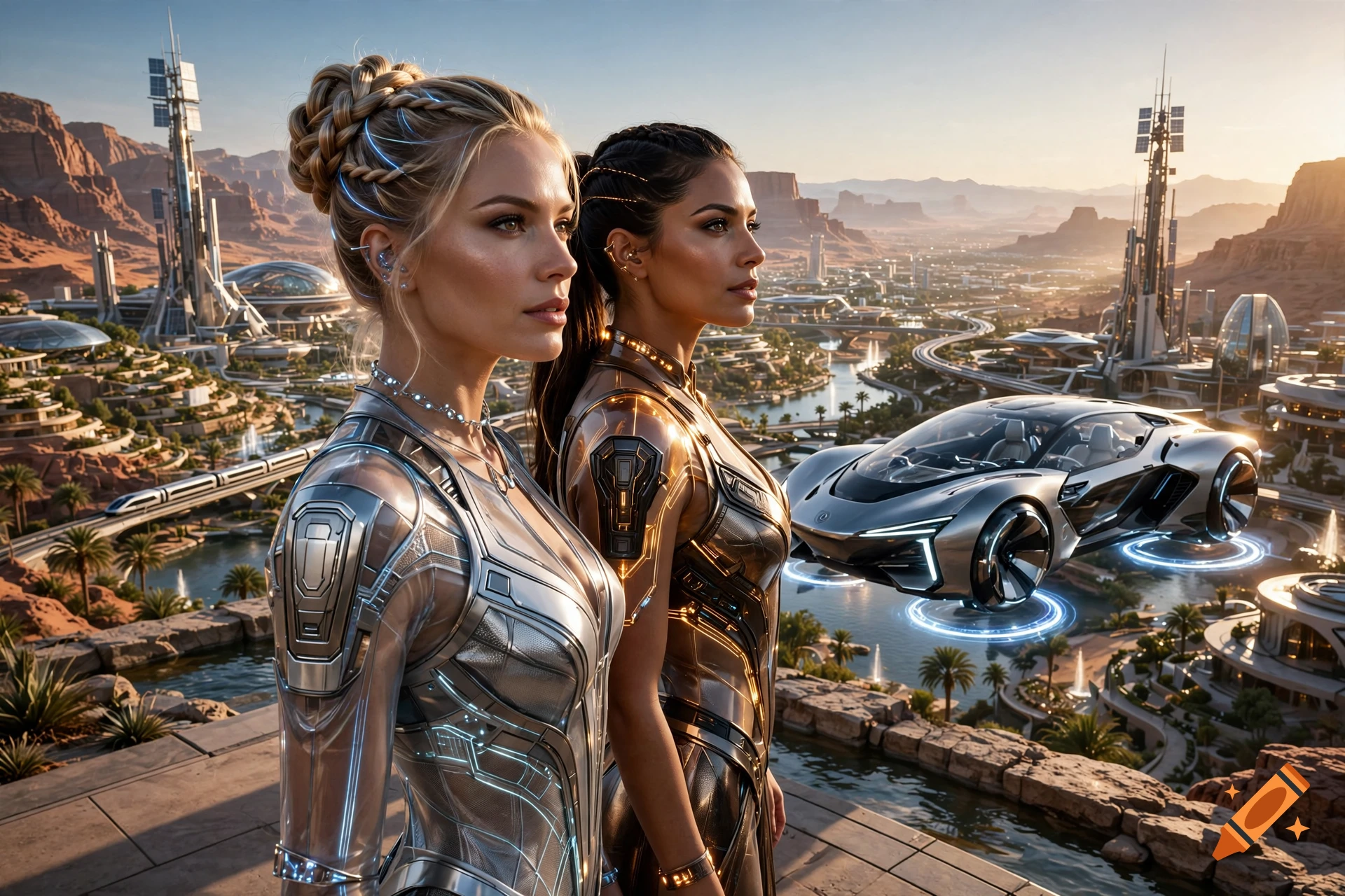 Photorealistic scene of two attractive futuristic women standing on a balcony overlooking a high-tech oasis city with a flying car.